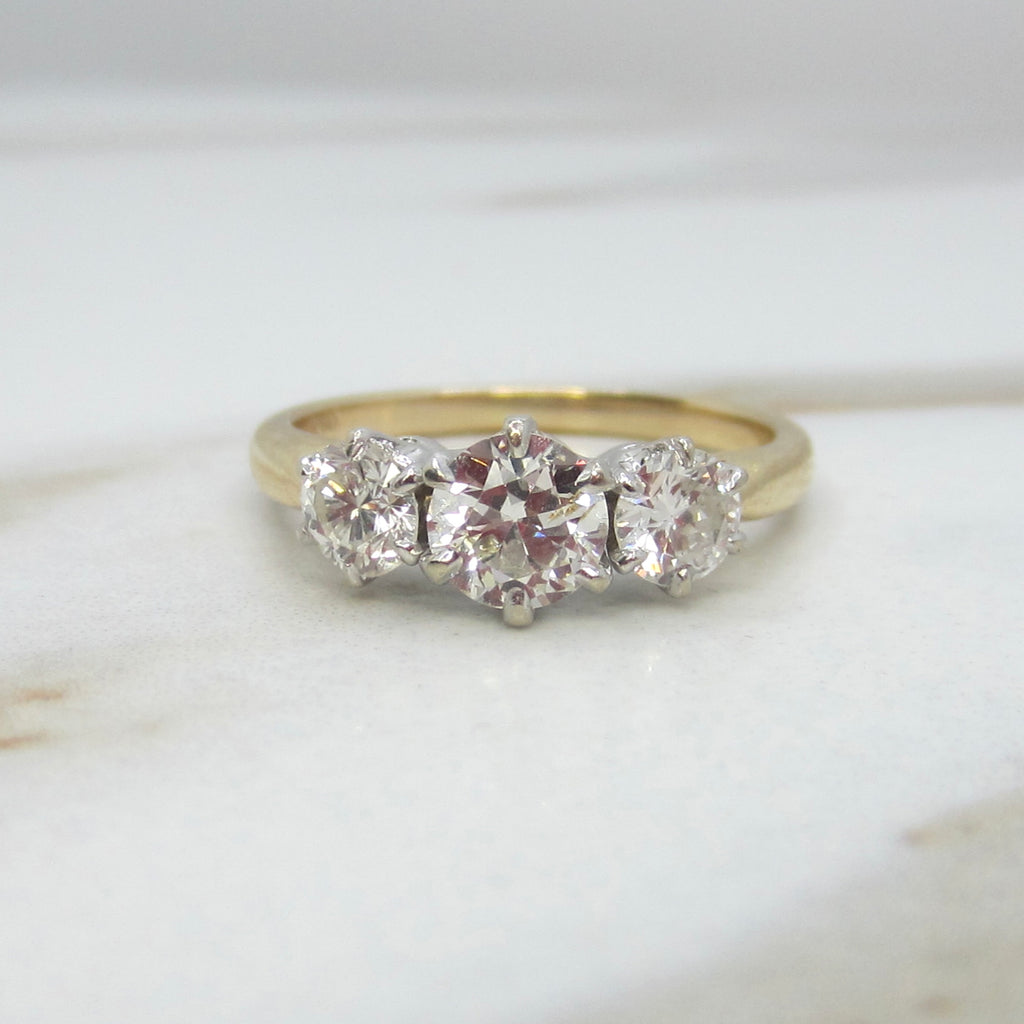 Vintage 14k Gold 1.00 ctw Transitional Natural Cut Diamonds Three Stone Ring c.1930s