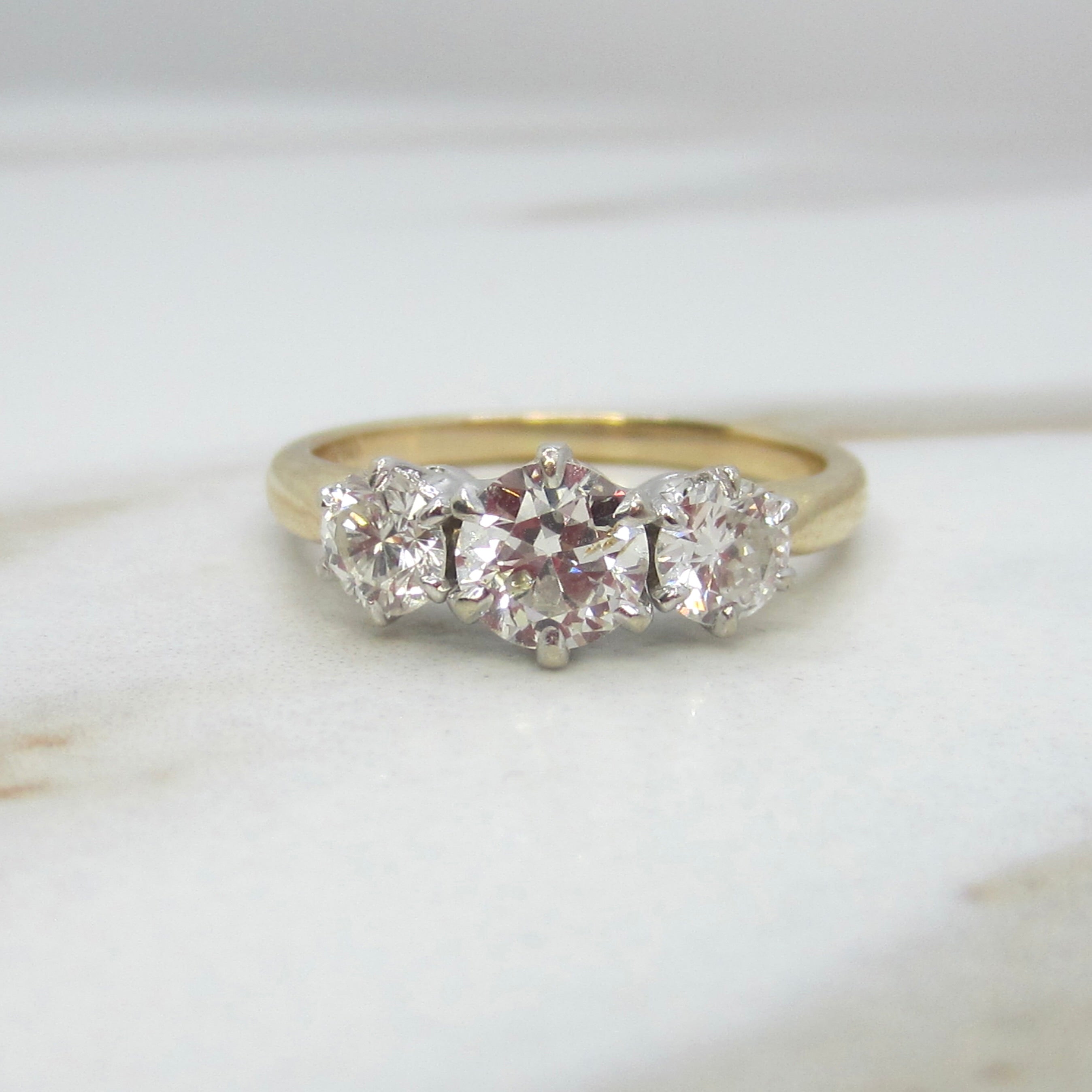 Vintage 14k Gold 1.00 ctw Natural Traditional Cut Diamonds Three Stone Ring c.1930s