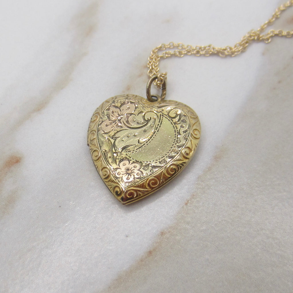 Vintage Gold Filled Sterling Sweetheart Locket with Engraved Floral Design c.1940s