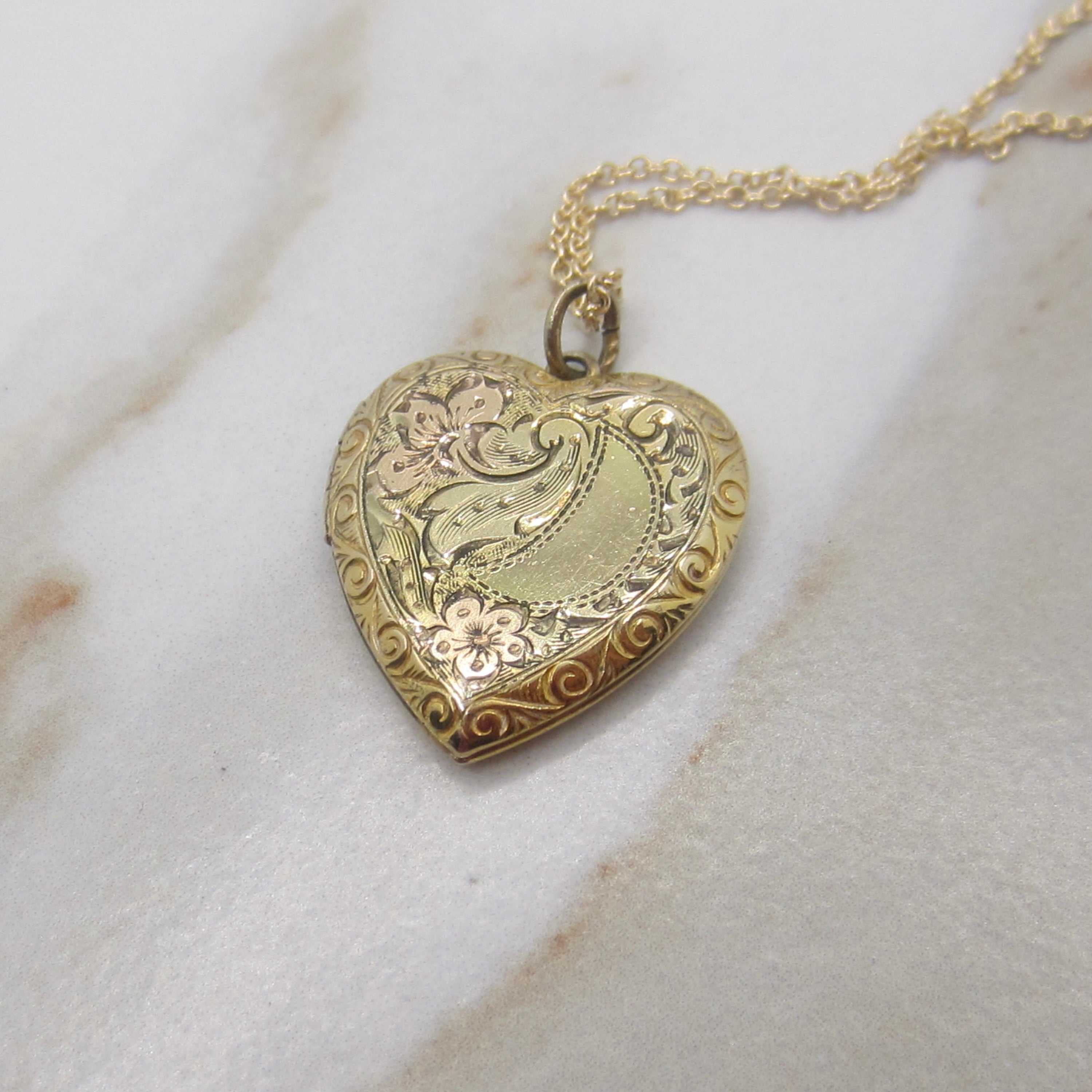 Vintage Gold Filled Sterling Sweetheart Locket with Engraved Floral Design c.1940s