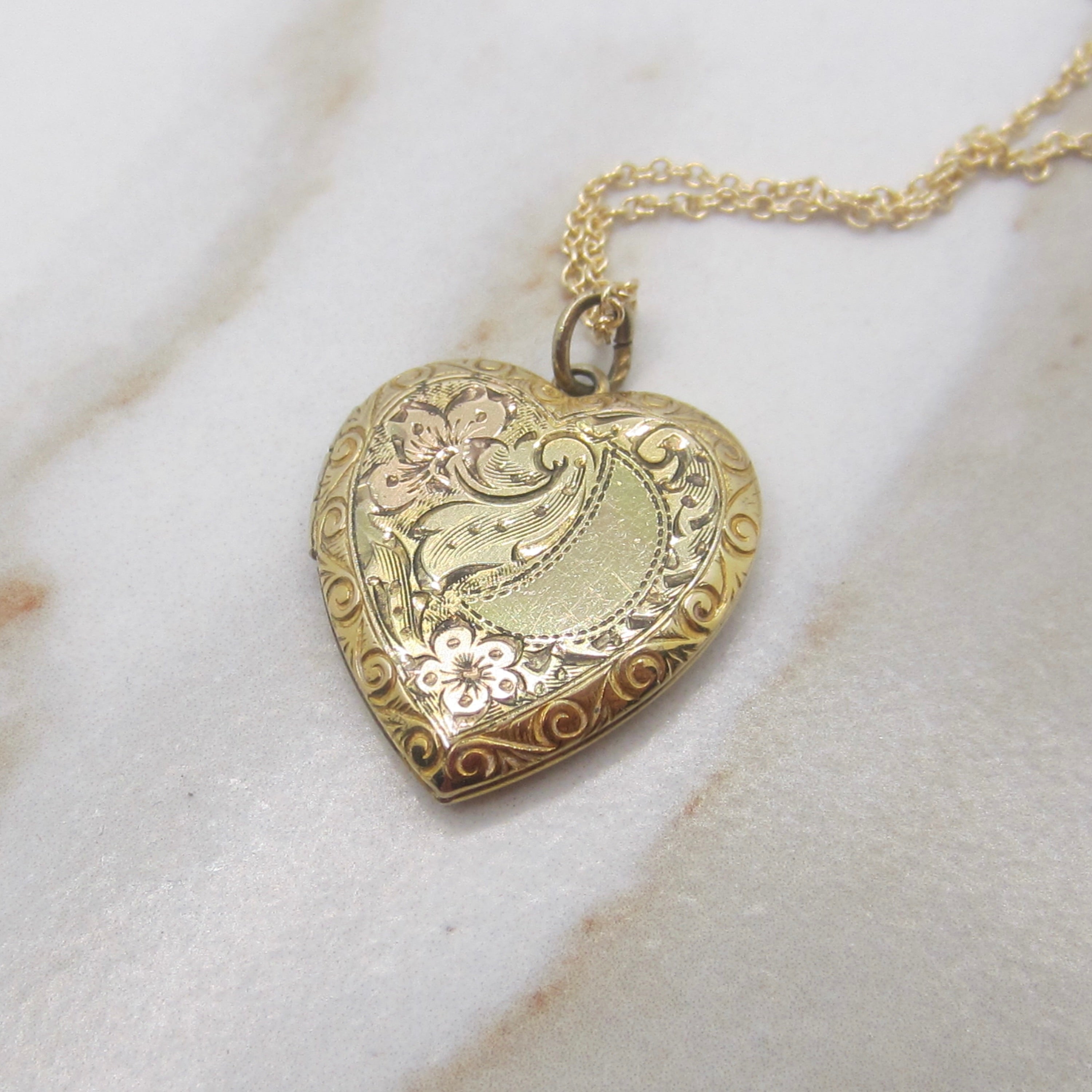 Vintage Gold Filled Sterling Sweetheart Locket with Engraved Floral Design c.1940s