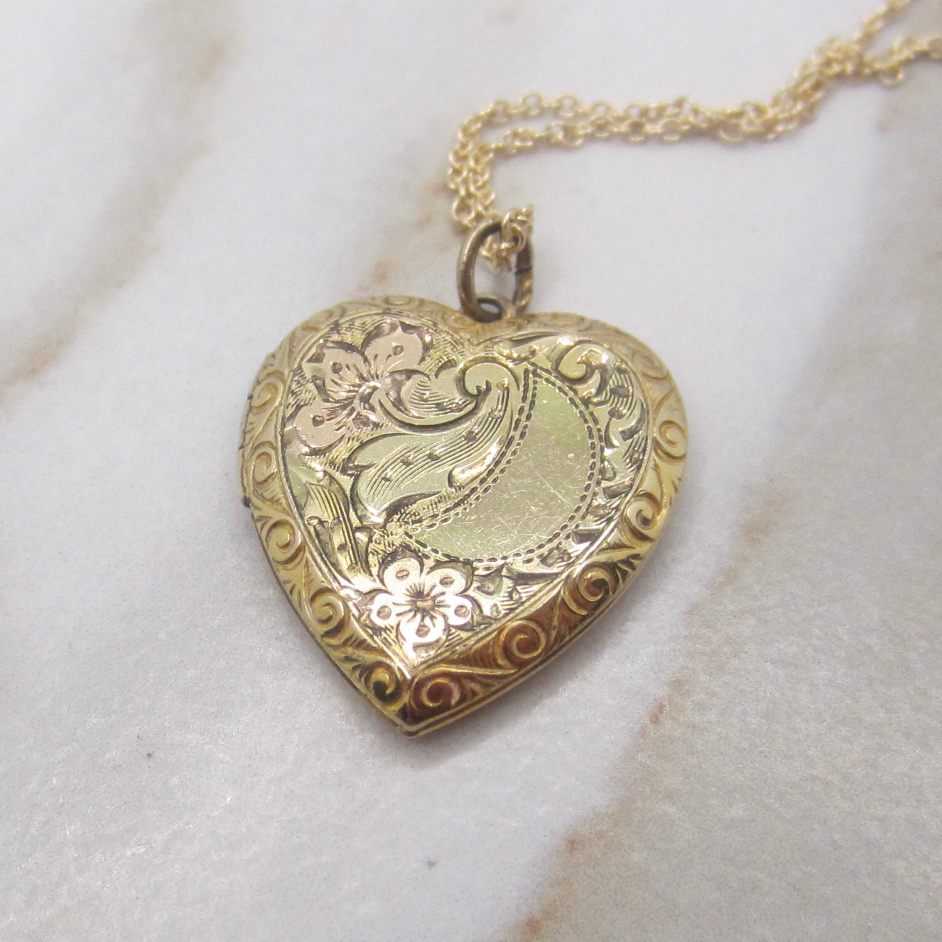 Vintage Gold Filled Sterling Sweetheart Locket with Engraved Floral Design c.1940s