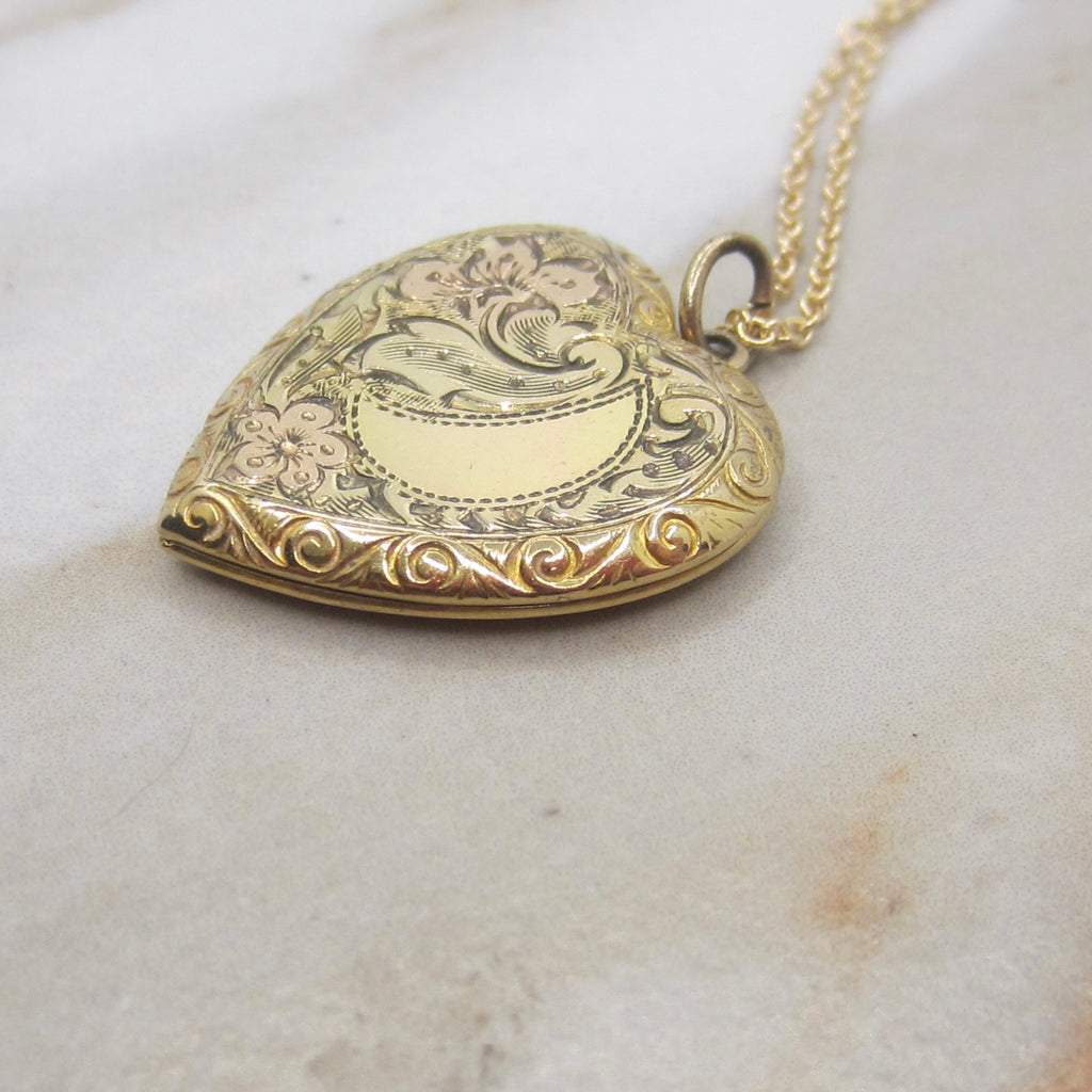 Vintage Gold Filled Sterling Sweetheart Locket with Engraved Floral Design c.1940s