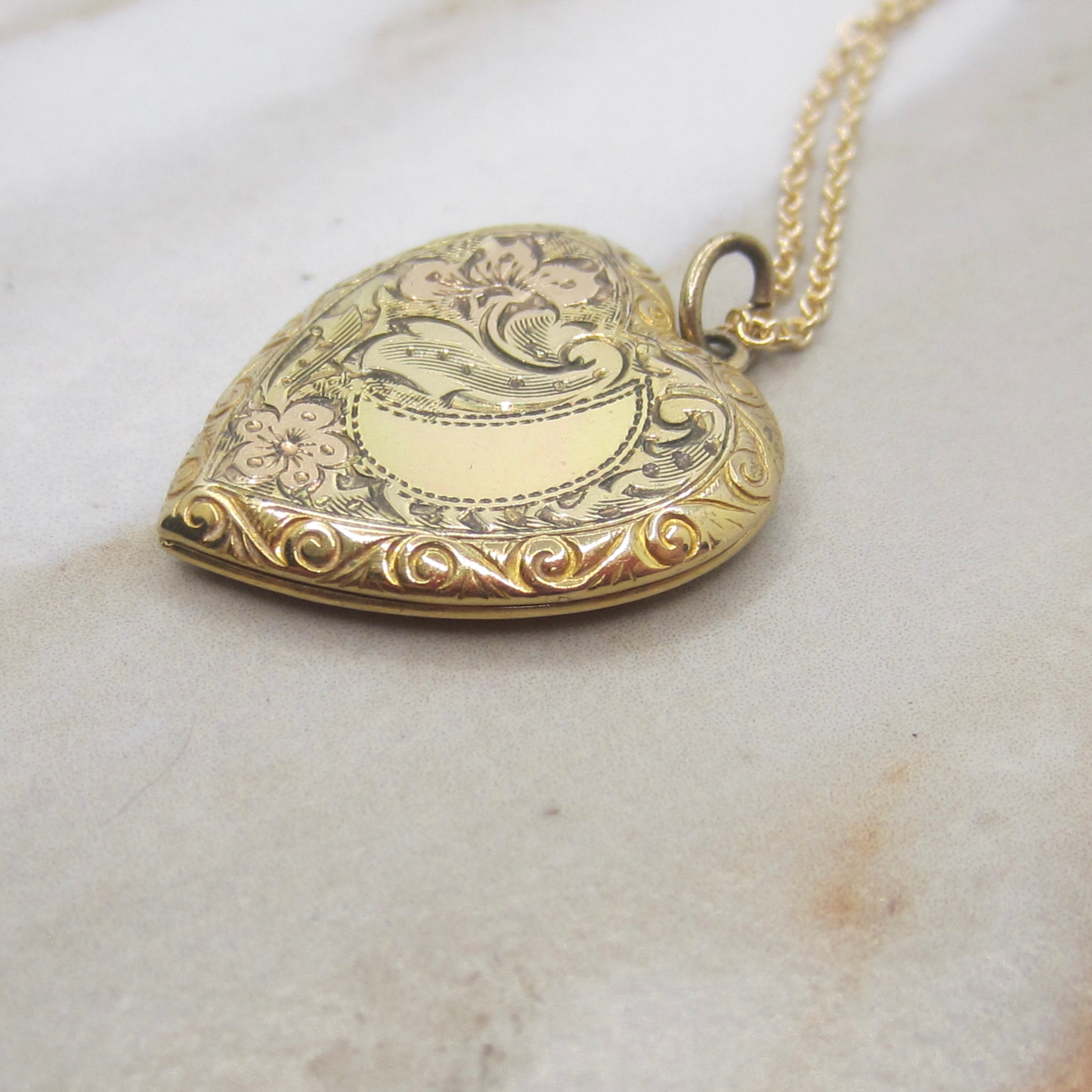 Vintage Gold Filled Sterling Sweetheart Locket with Engraved Floral Design c.1940s