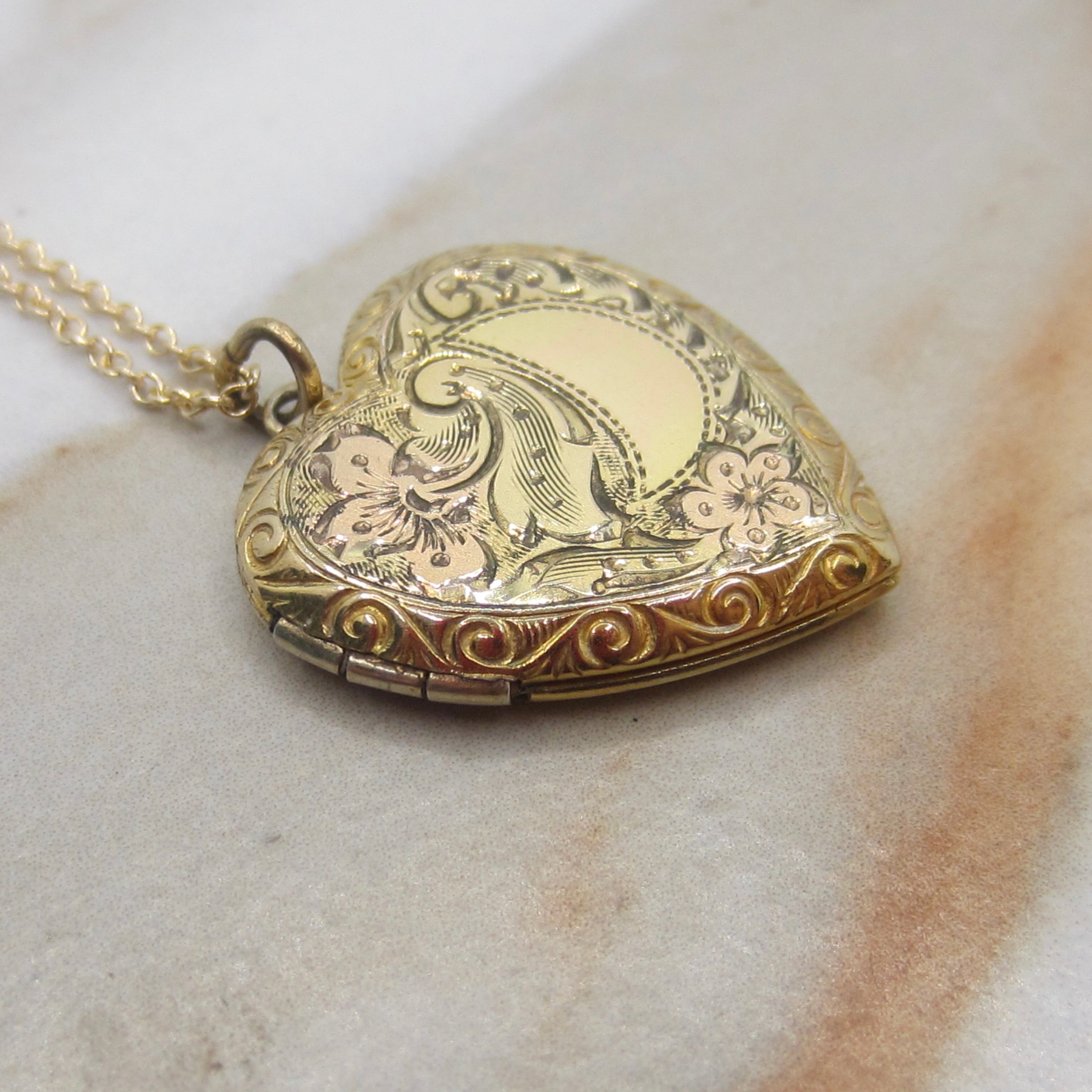 Vintage Gold Filled Sterling Sweetheart Locket with Engraved Floral Design c.1940s