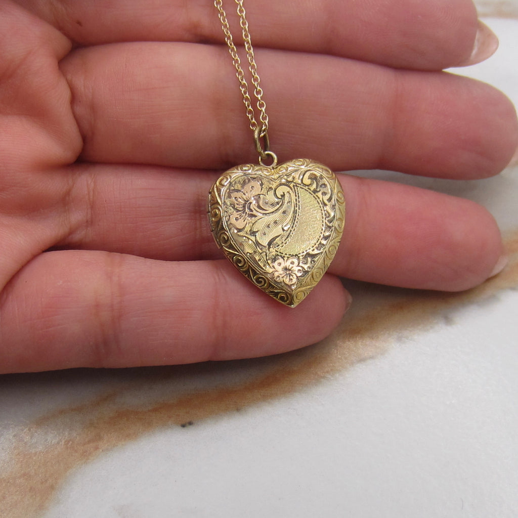 Vintage Gold Filled Sterling Sweetheart Locket with Engraved Floral Design c.1940s