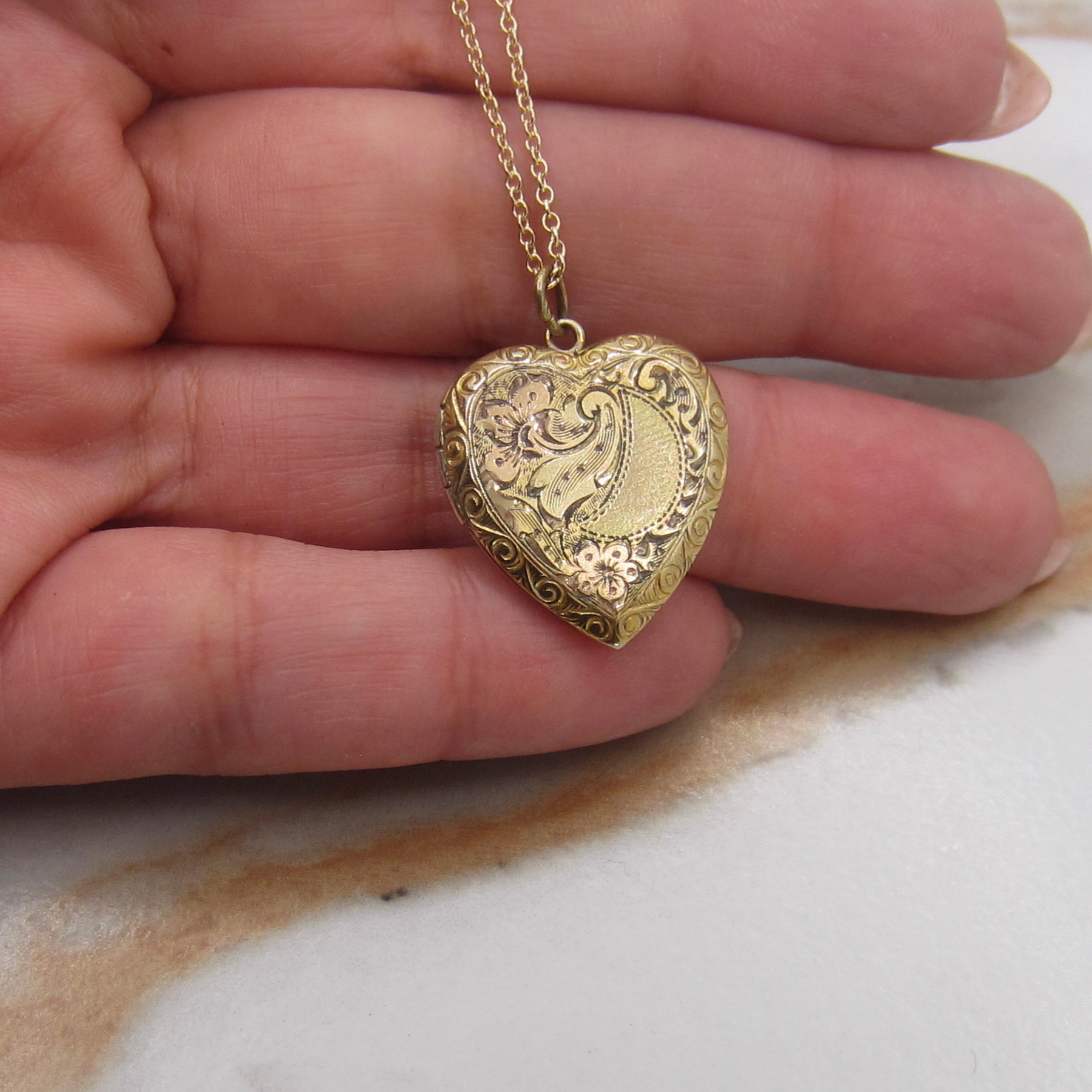 Vintage Gold Filled Sterling Sweetheart Locket with Engraved Floral Design c.1940s