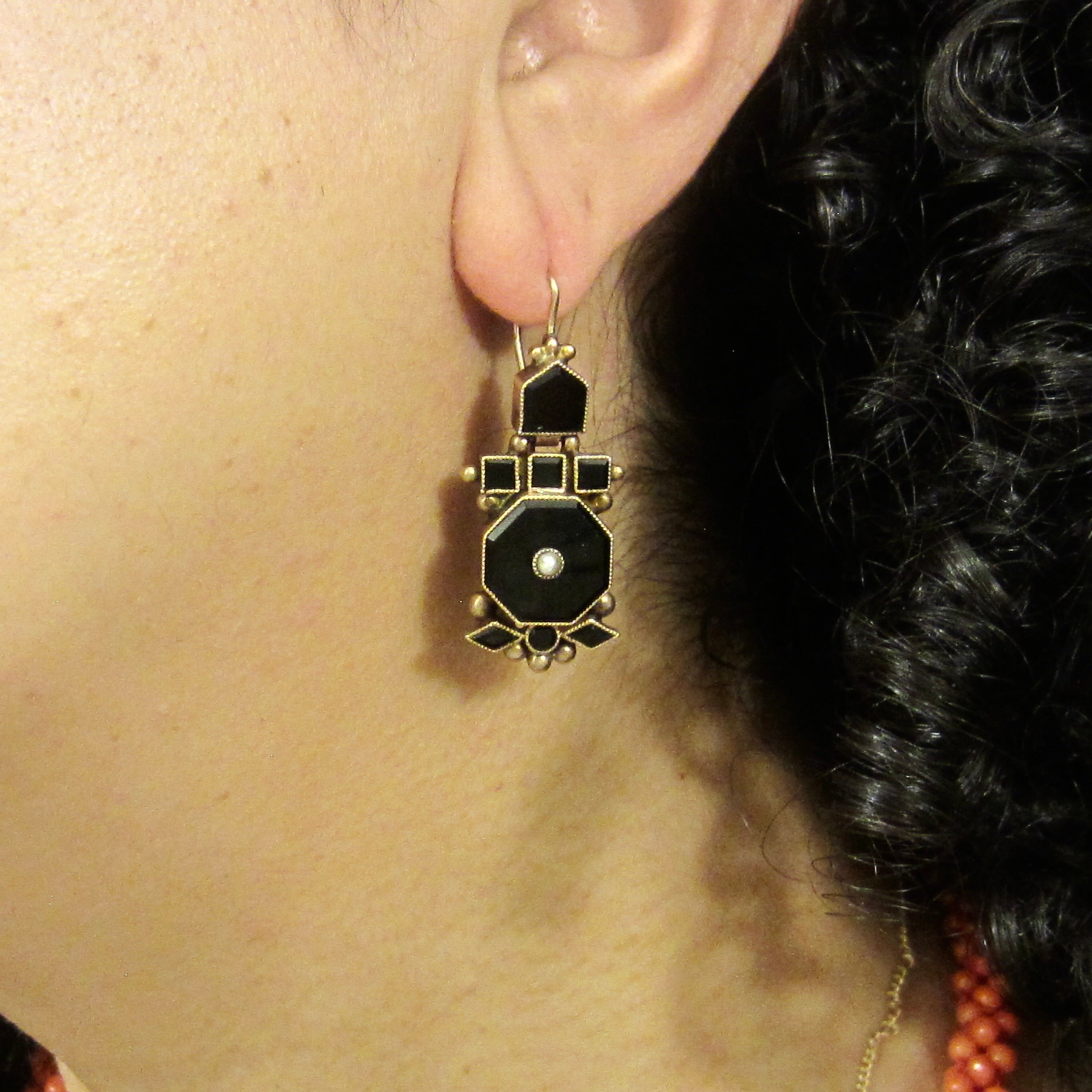 Antique Victorian 14k Gold Onyx and Pearl Earrings c.1880s