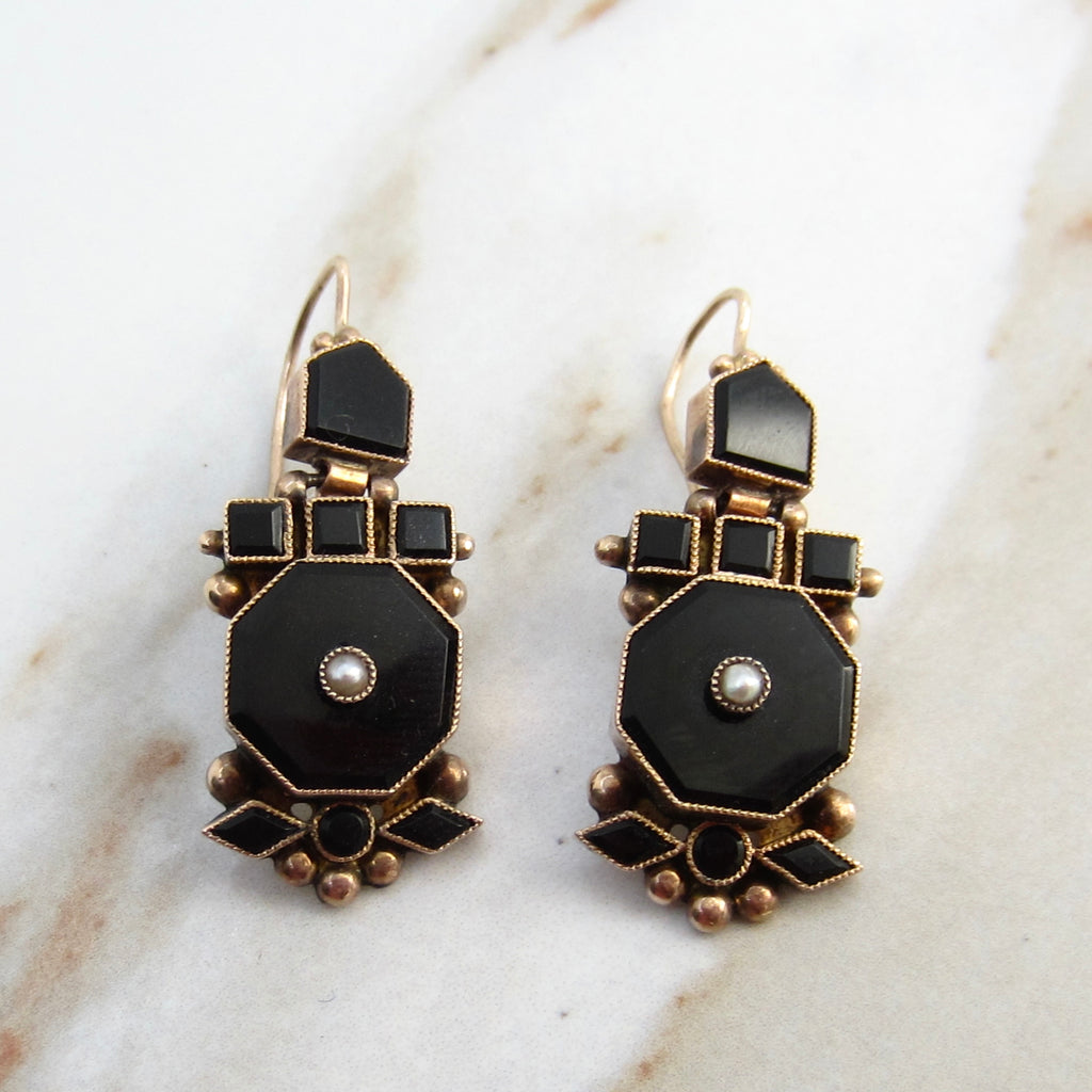 Antique Victorian 14k Gold Onyx and Pearl Earrings c.1880s