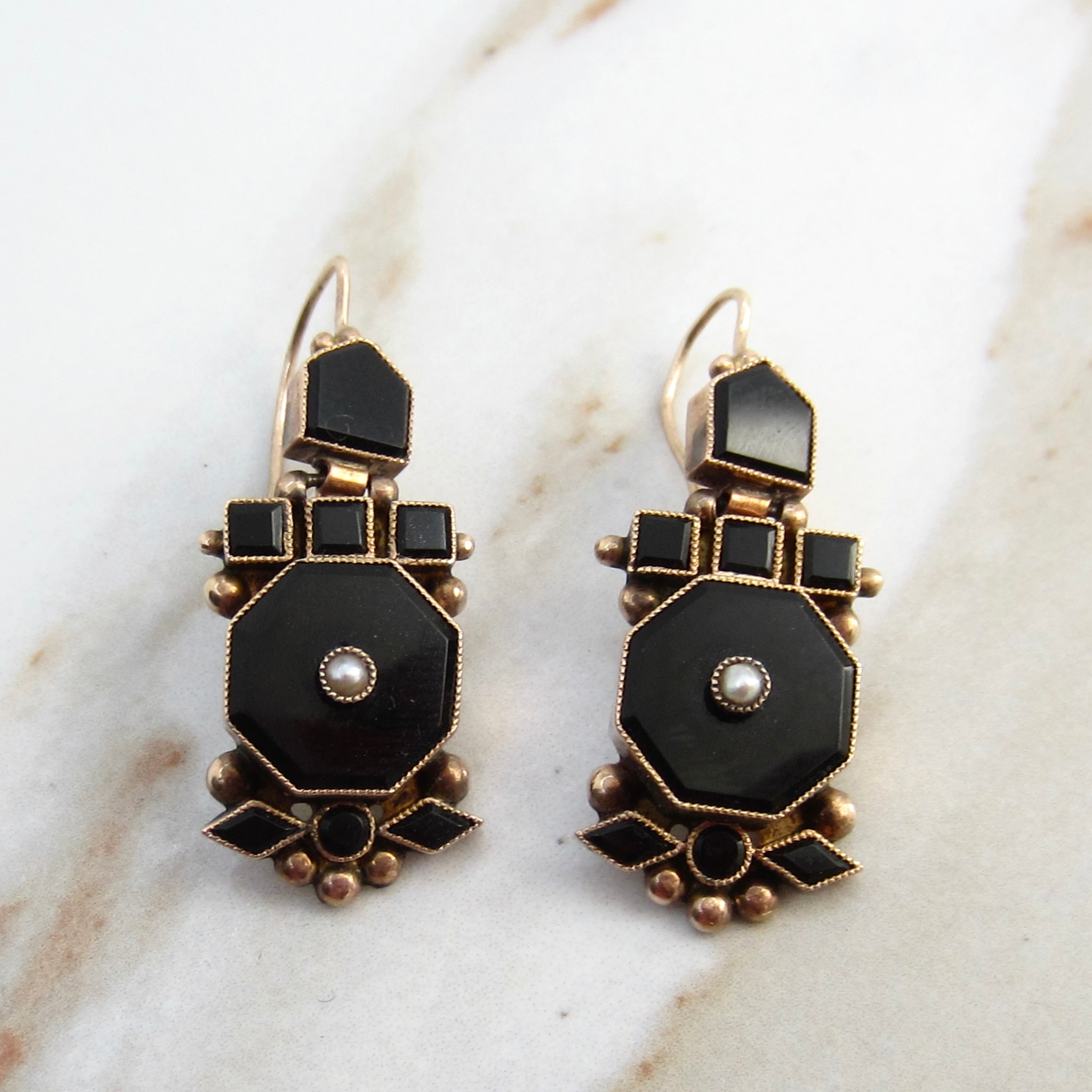 Antique Victorian 14k Gold Onyx and Pearl Earrings c.1880s