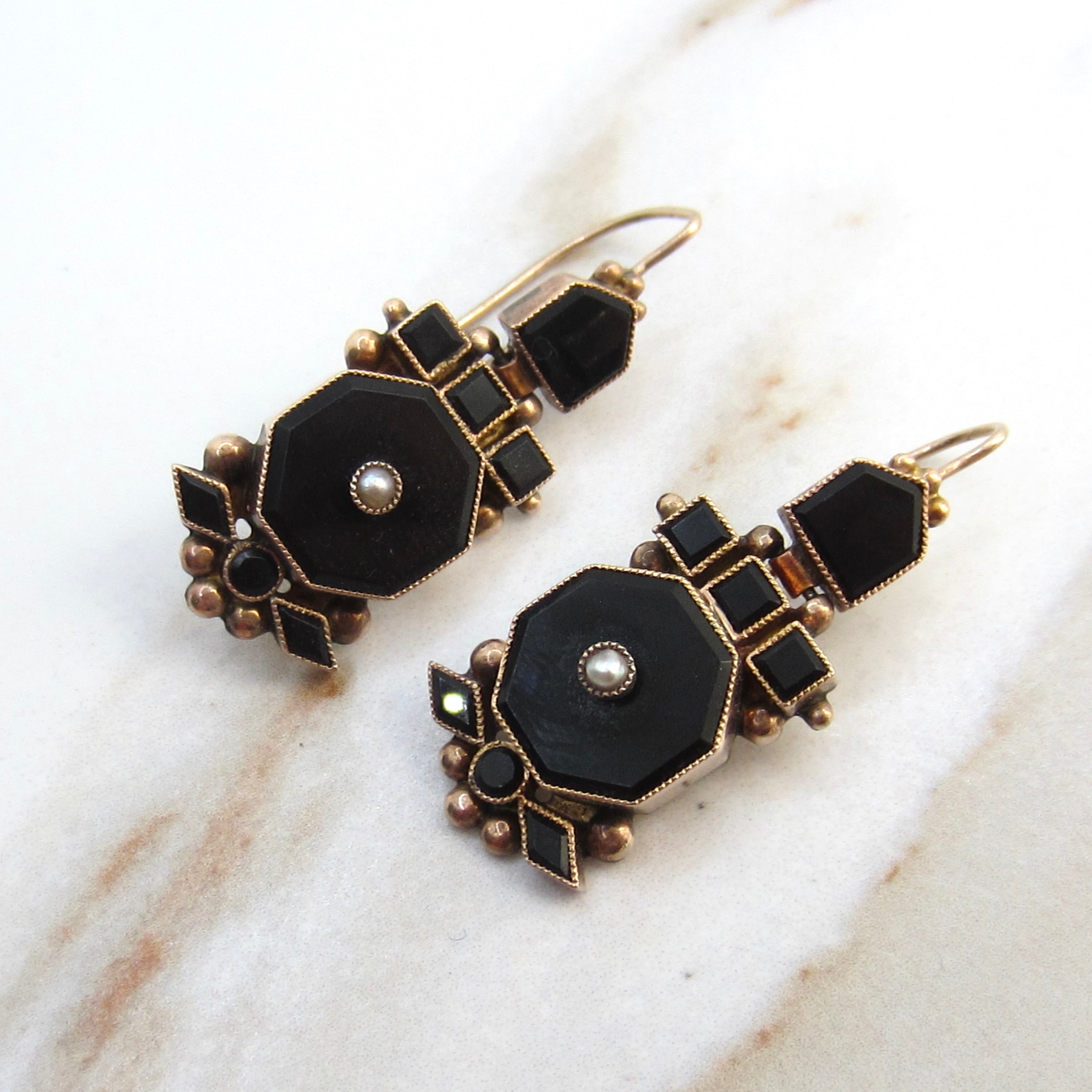 Antique Victorian 14k Gold Onyx and Pearl Earrings c.1880s