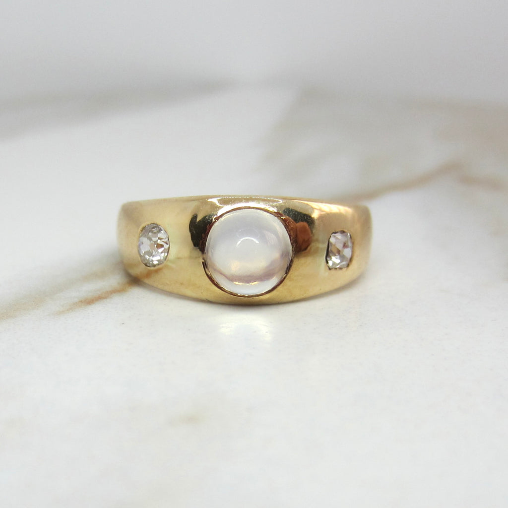 Antique 18k Gold Moonstone Bullet Cabochon Old Mine Cut Diamond Ring