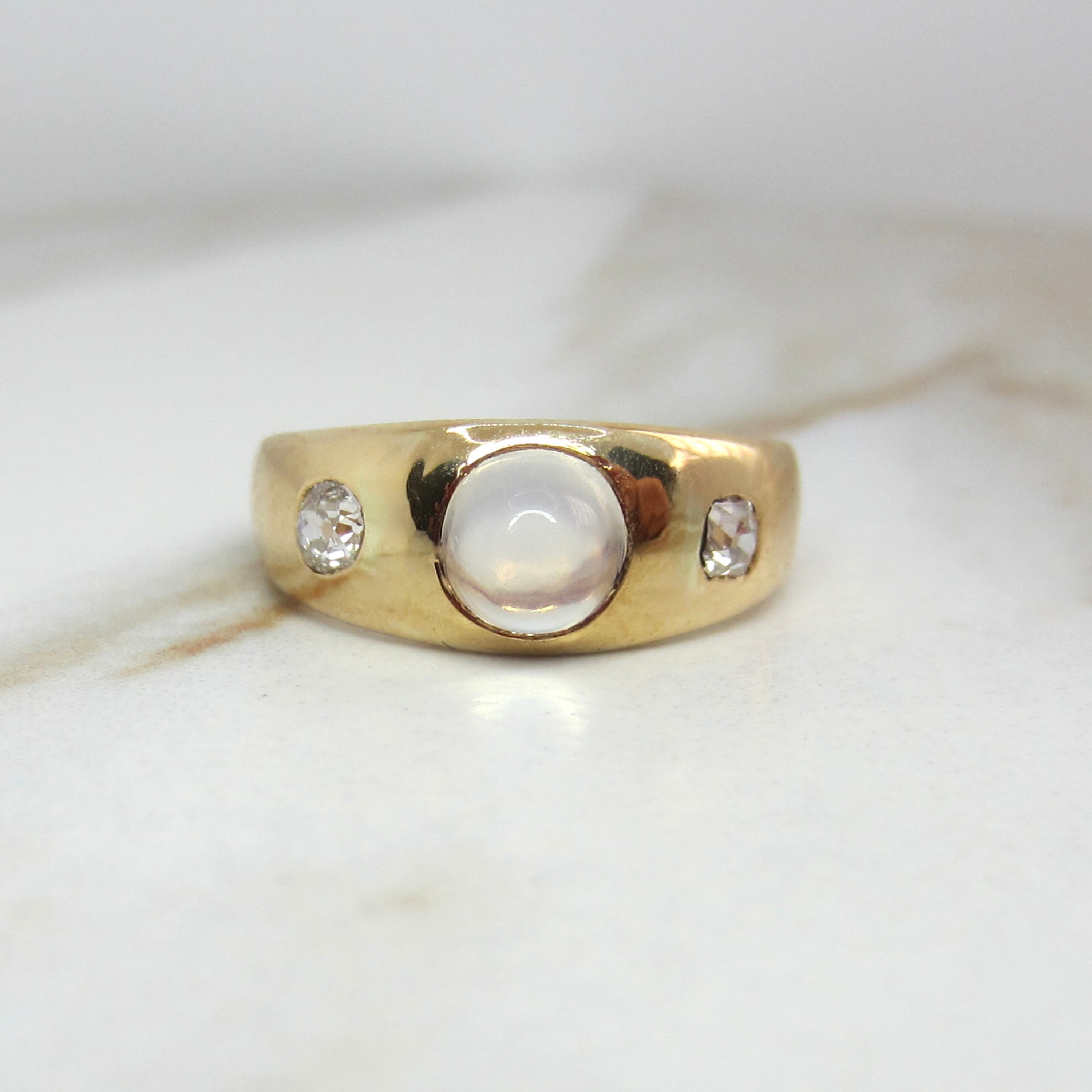 Antique 18k Gold Moonstone Bullet Cabochon Old Mine Cut Diamond Ring
