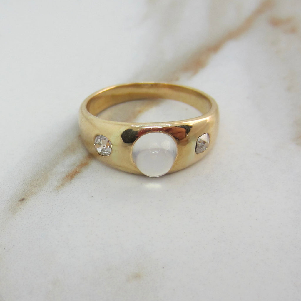 Antique 18k Gold Moonstone Bullet Cabochon Old Mine Cut Diamond Ring