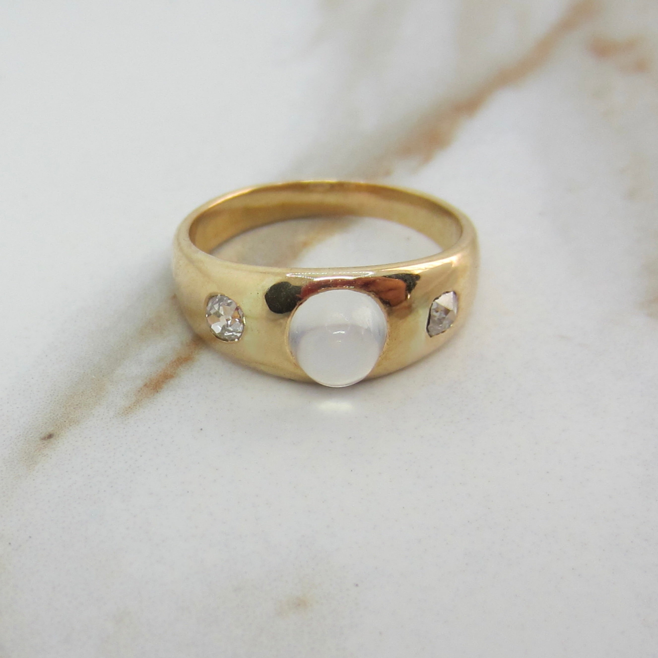 Antique 18k Gold Moonstone Bullet Cabochon Old Mine Cut Diamond Ring