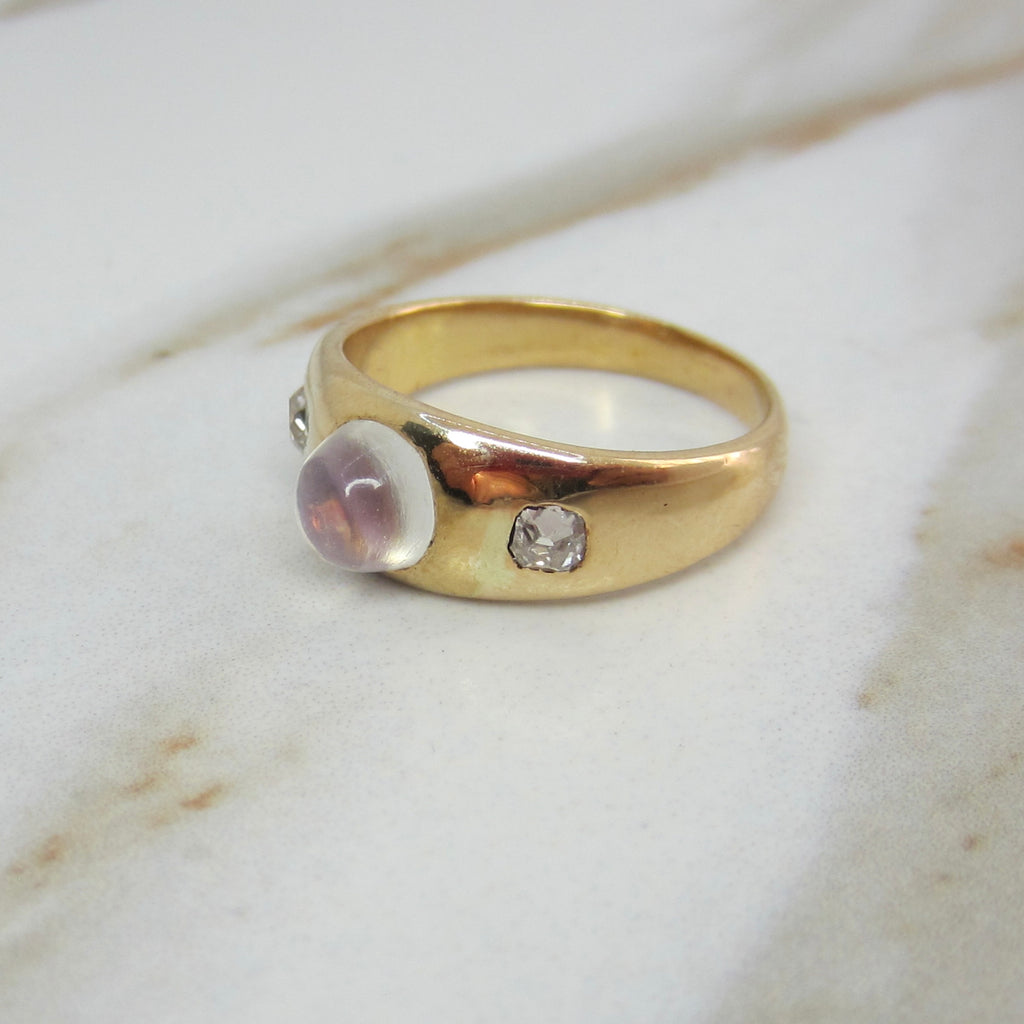 Antique 18k Gold Moonstone Bullet Cabochon Old Mine Cut Diamond Ring