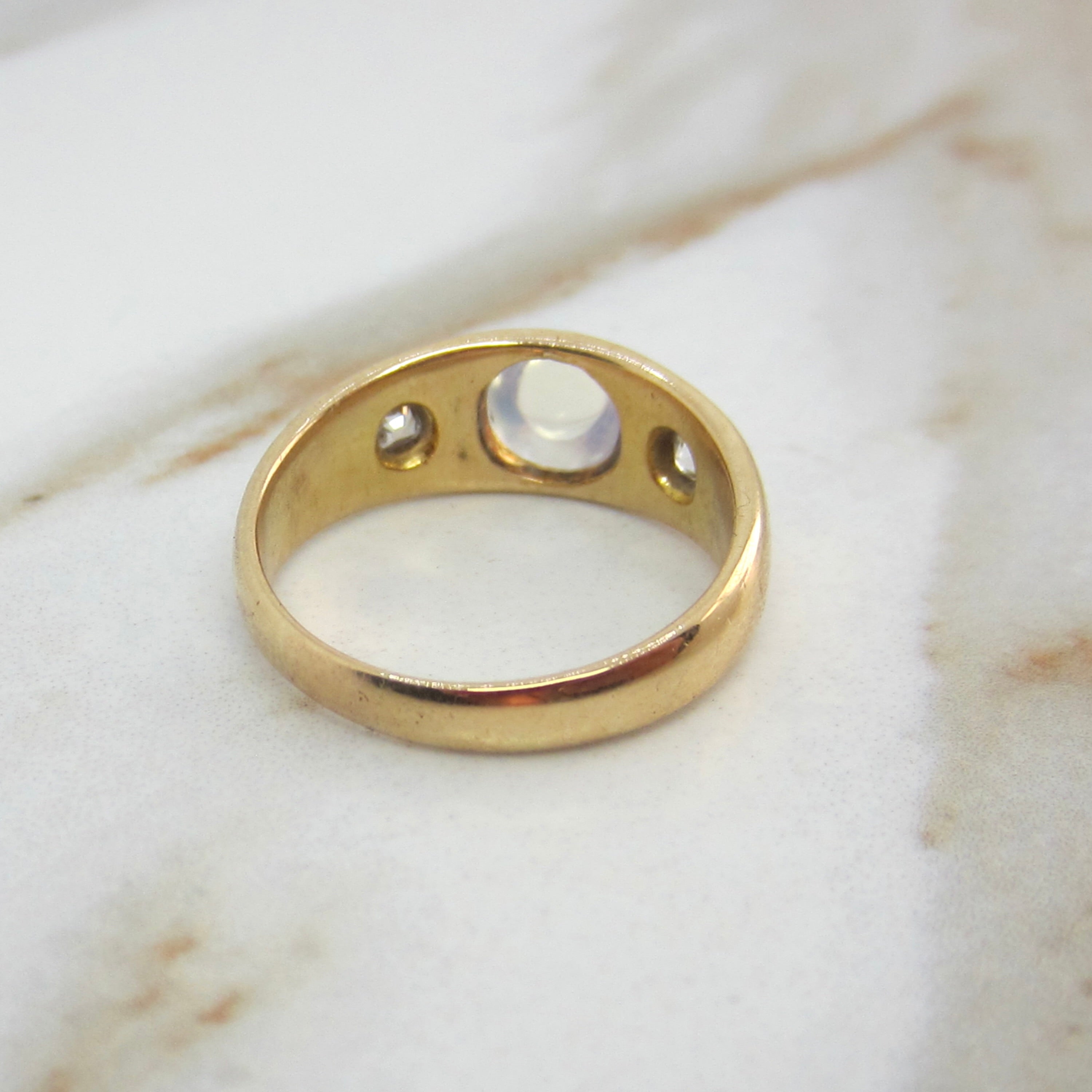 Antique 18k Gold Moonstone Bullet Cabochon Old Mine Cut Diamond Ring