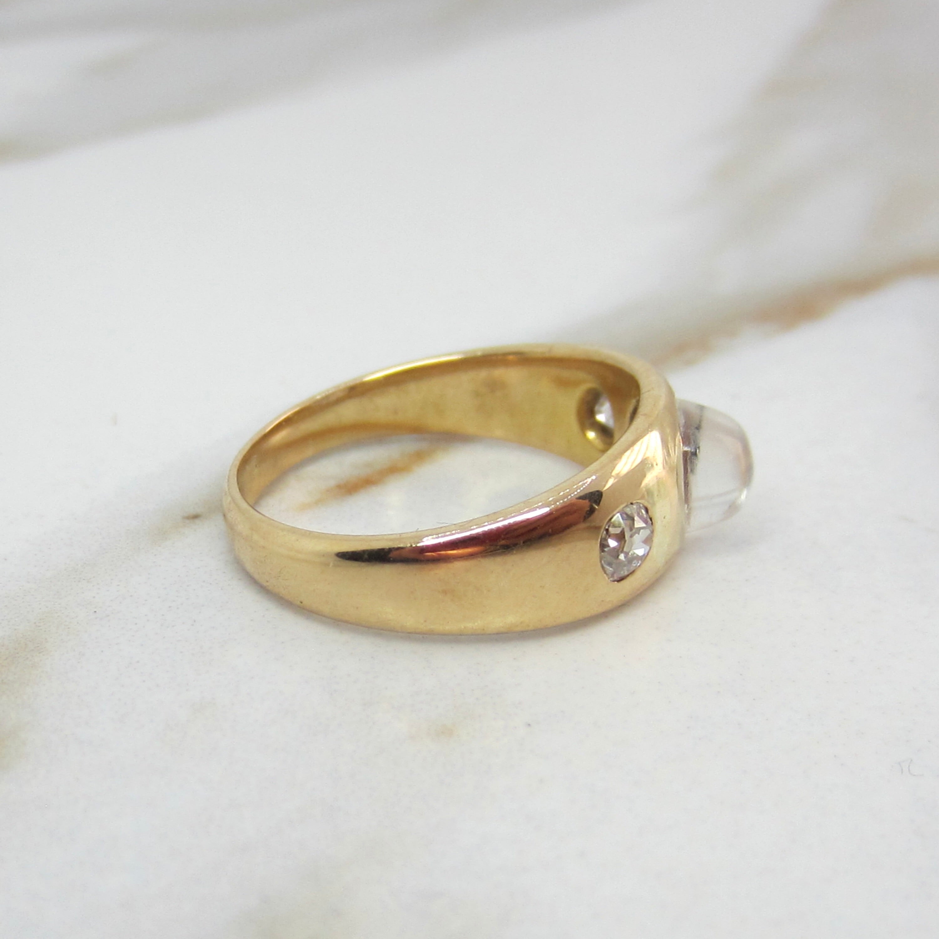 Antique 18k Gold Moonstone Bullet Cabochon Old Mine Cut Diamond Ring