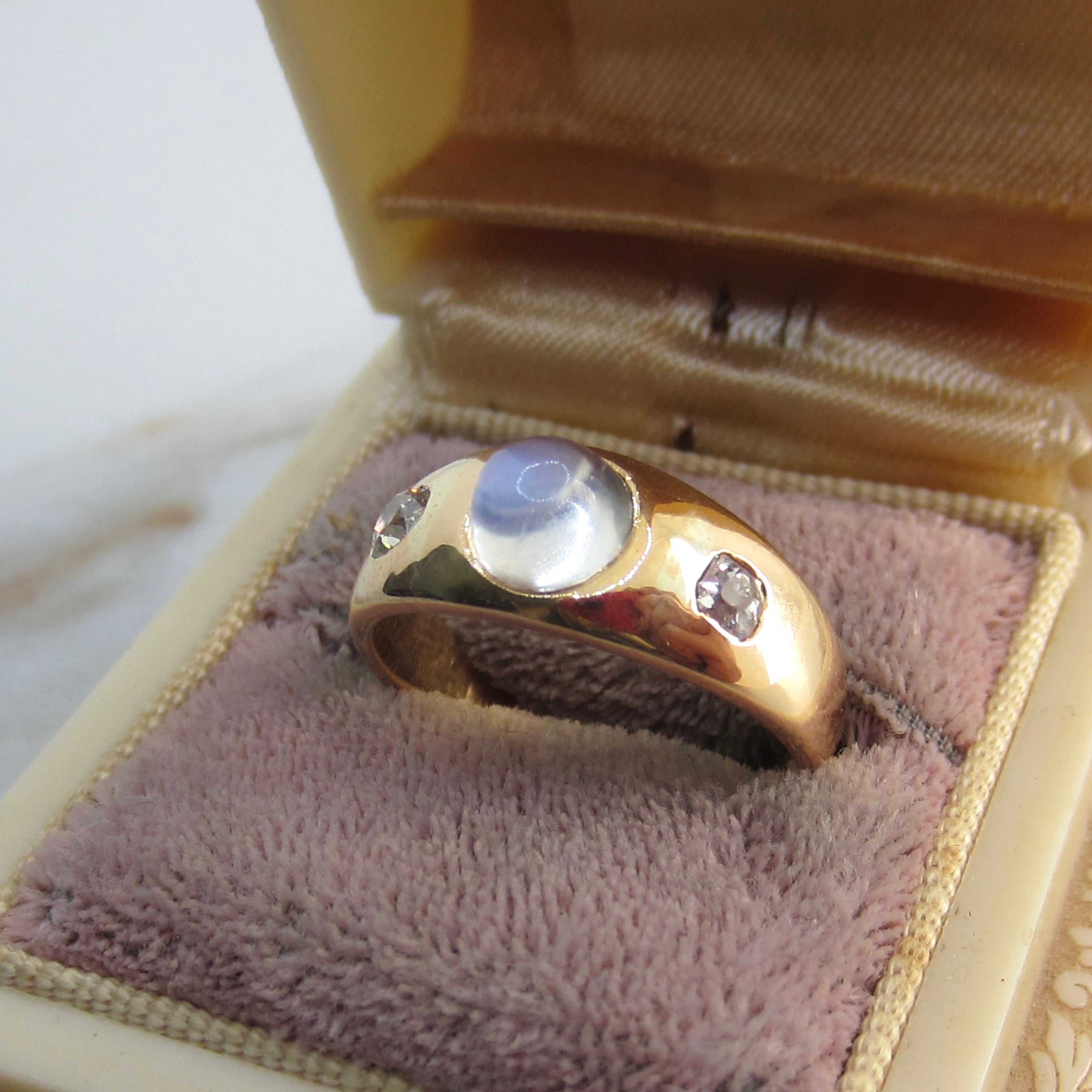 Antique 18k Gold Moonstone Bullet Cabochon Old Mine Cut Diamond Ring