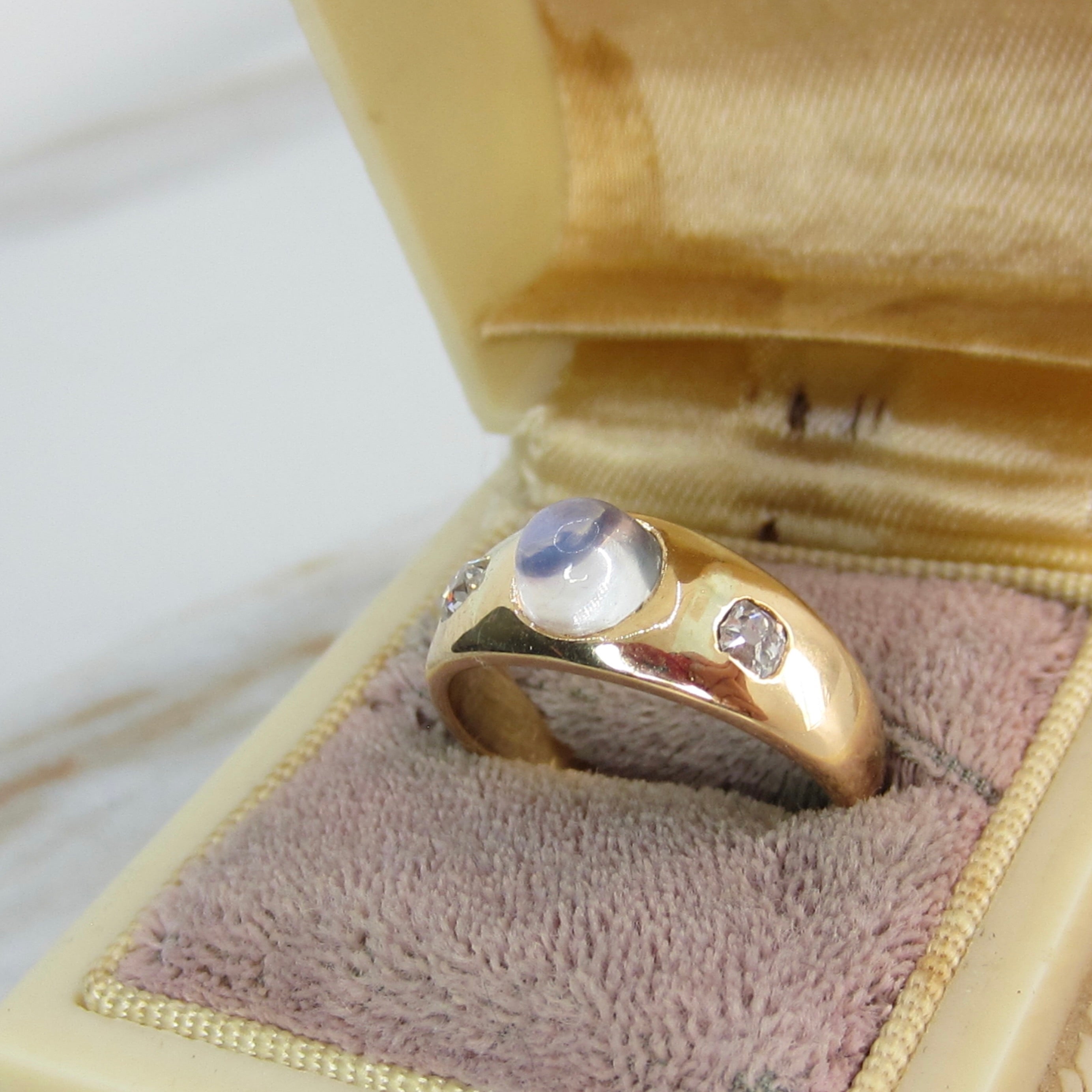 Antique 18k Gold Moonstone Bullet Cabochon Old Mine Cut Diamond Ring
