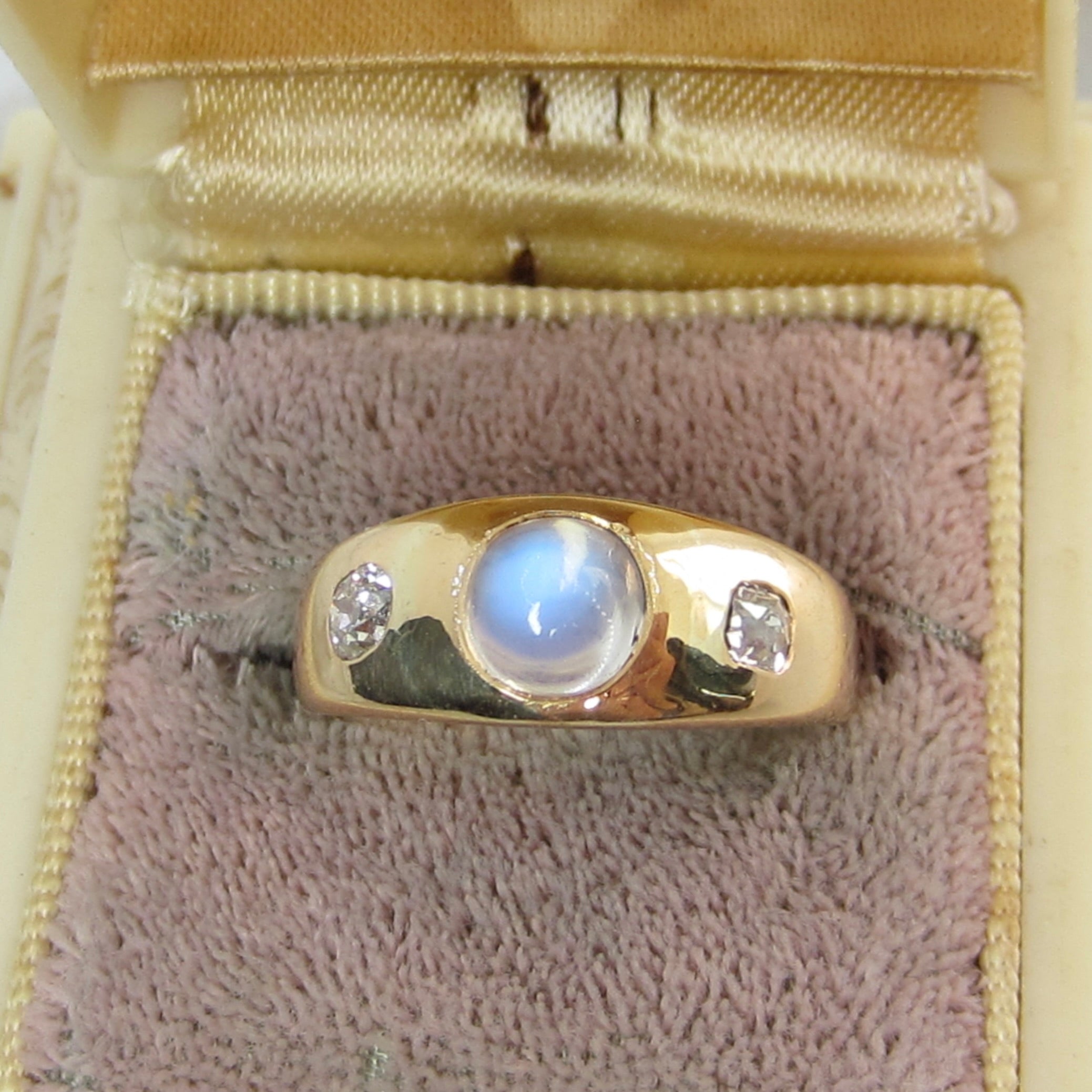 Antique 18k Gold Moonstone Bullet Cabochon Old Mine Cut Diamond Ring
