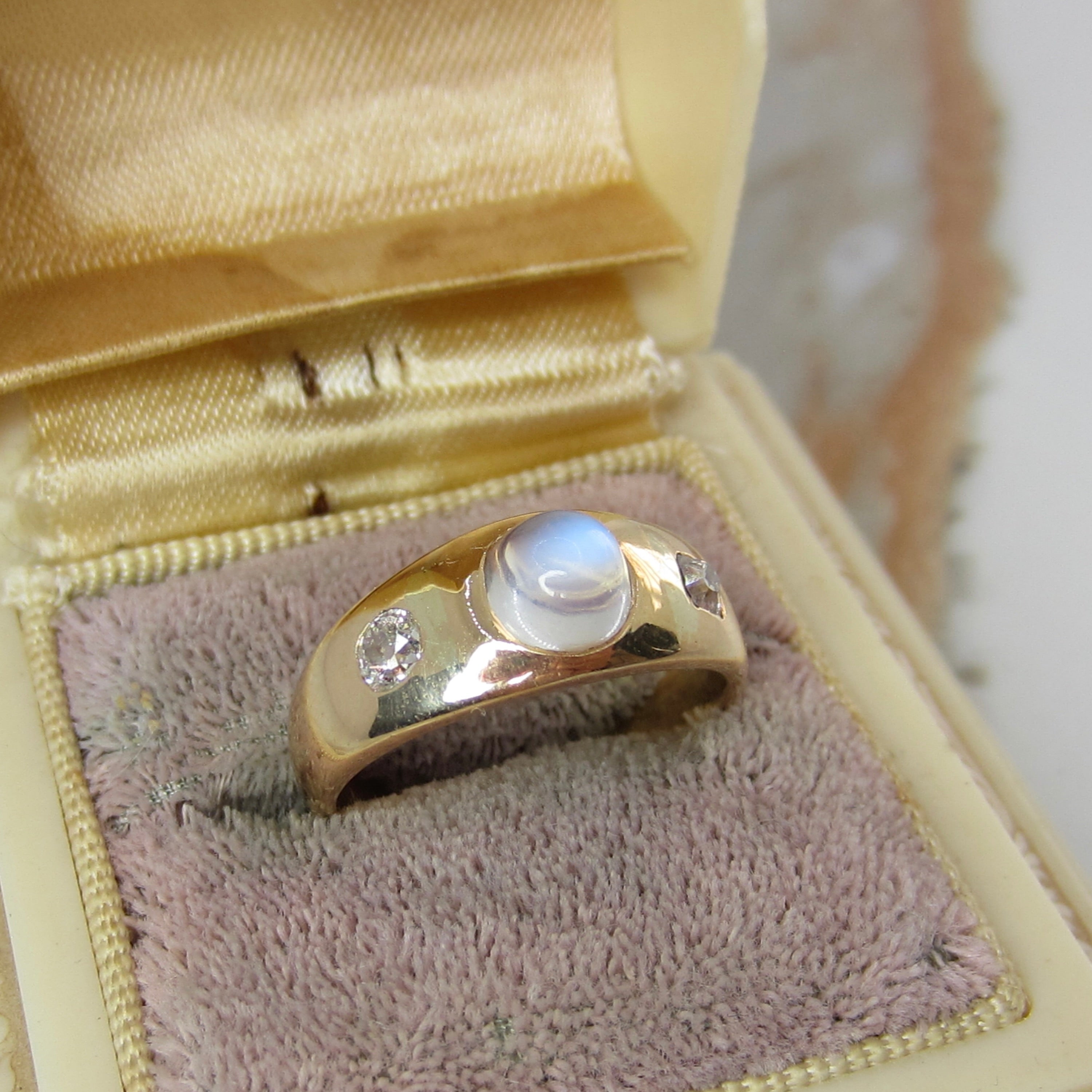 Antique 18k Gold Moonstone Bullet Cabochon Old Mine Cut Diamond Ring