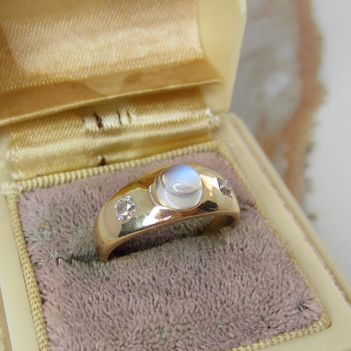 Antique 18k Gold Moonstone Bullet Cabochon Old Mine Cut Diamond Ring