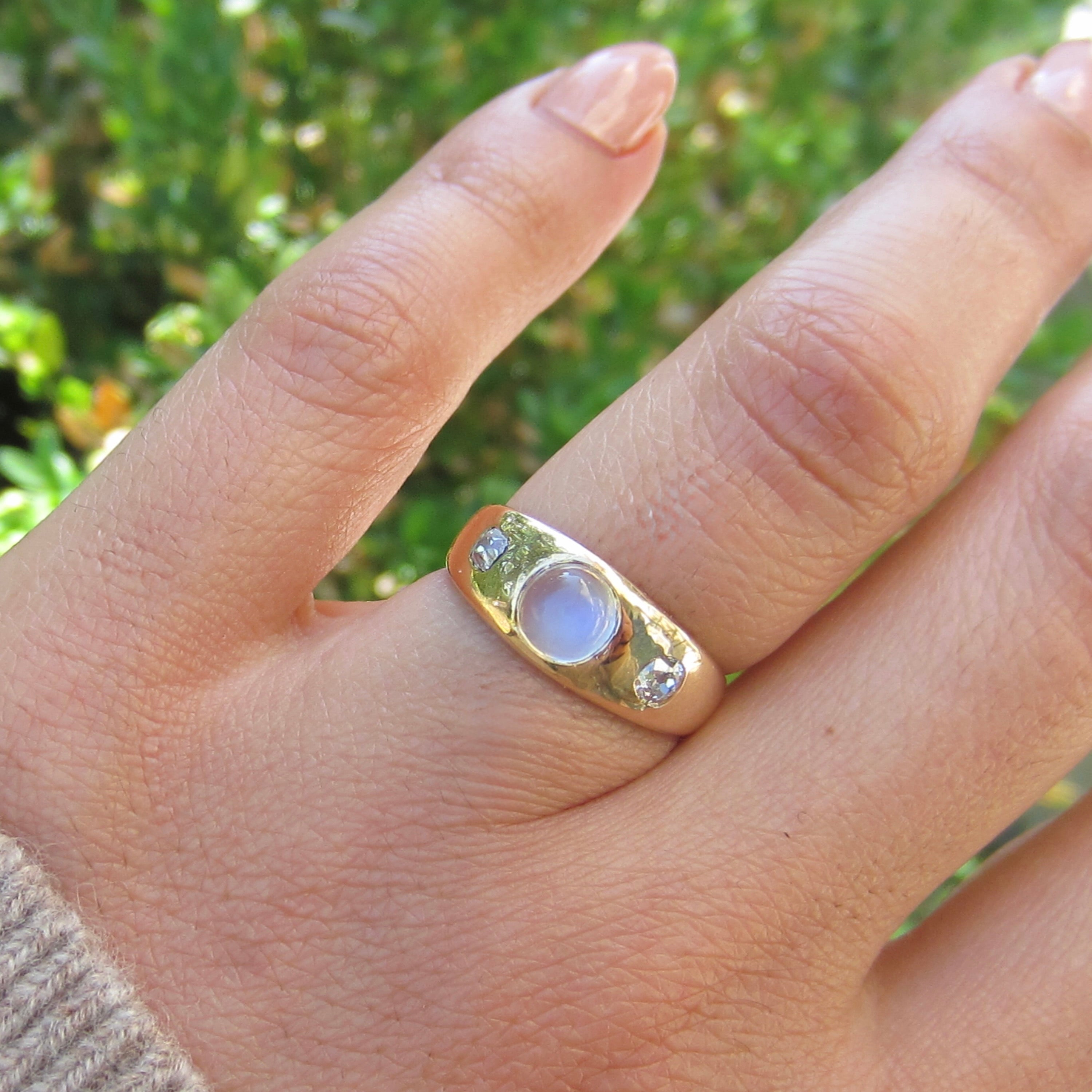 Antique 18k Gold Moonstone Bullet Cabochon Old Mine Cut Diamond Ring