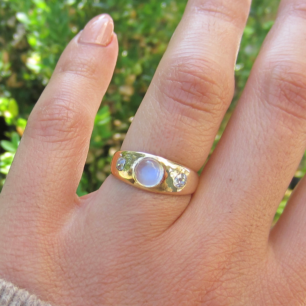 Antique 18k Gold Moonstone Bullet Cabochon Old Mine Cut Diamond Ring