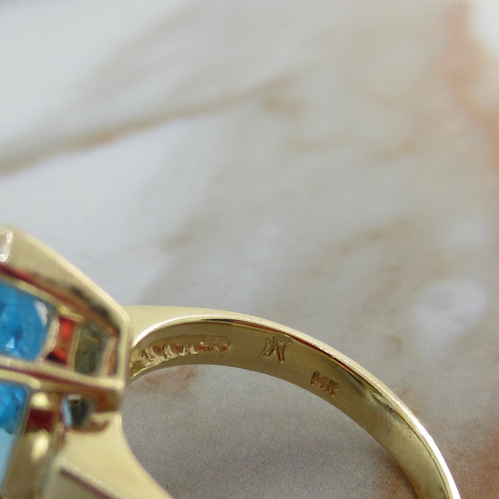 Vintage Mid Century 14k Gold Pear Cut Blue Topaz Ring c.1970s
