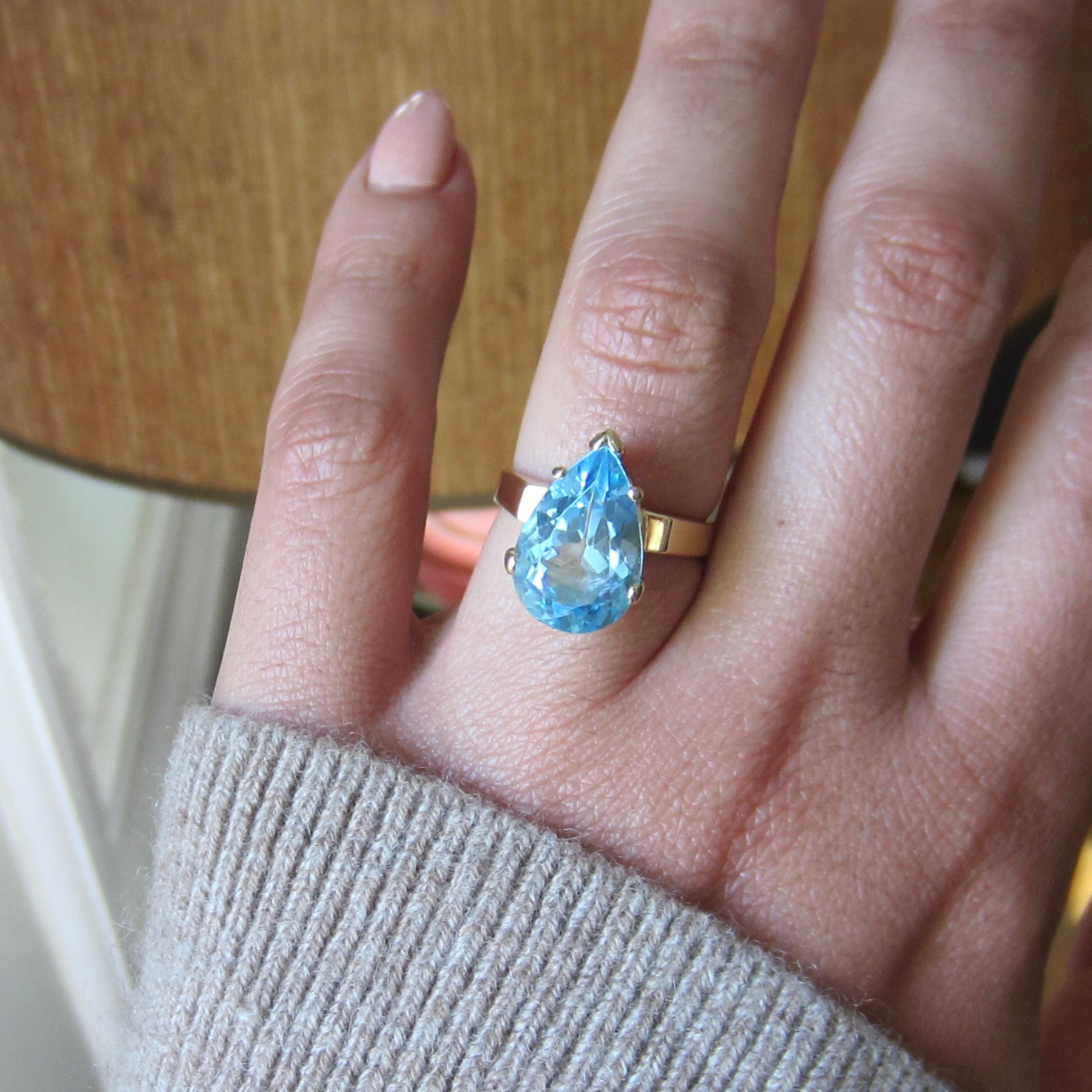Vintage Mid Century 14k Gold Pear Cut Blue Topaz Ring c.1970s