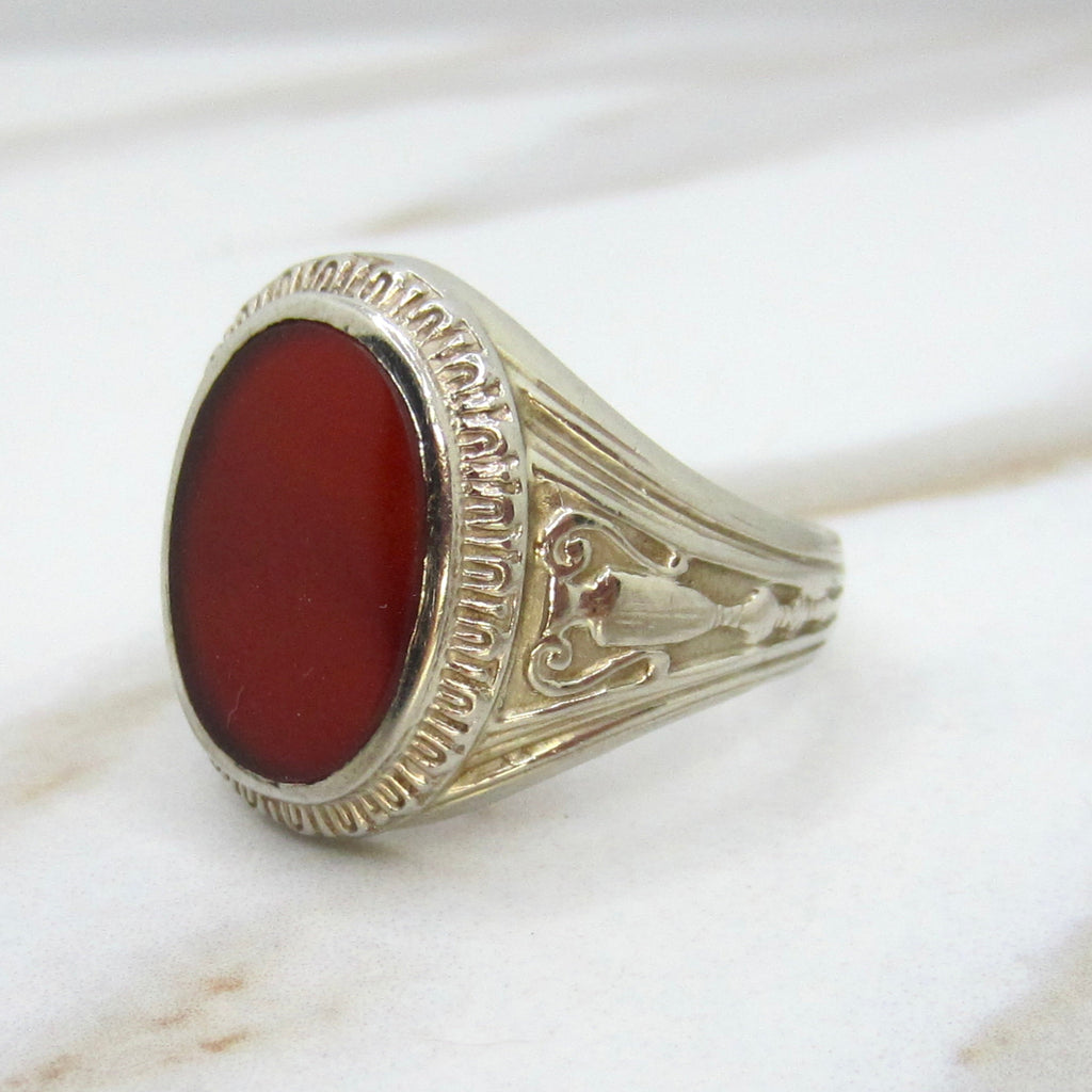 Vintage 14k White Gold Carnelian Signet Ring With Urn Details c.1940s