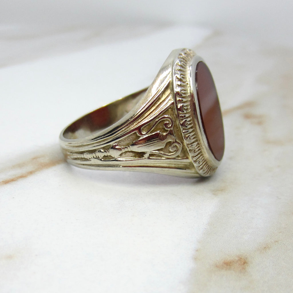 Vintage 14k White Gold Carnelian Signet Ring With Urn Details c.1940s