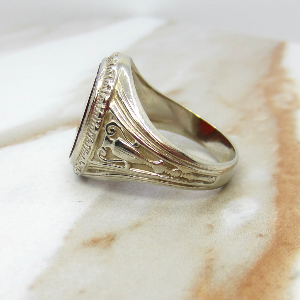 Vintage 14k White Gold Carnelian Signet Ring With Urn Details c.1940s