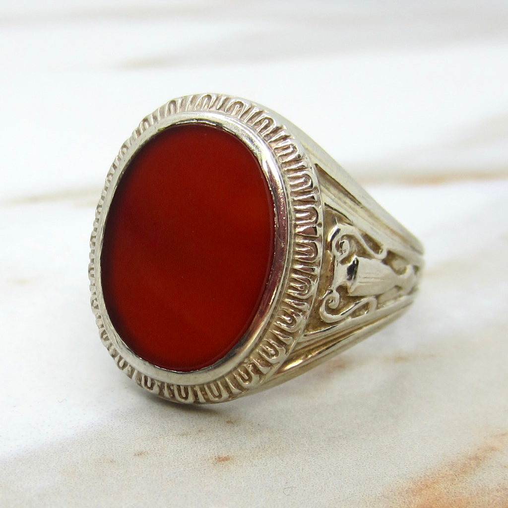 Vintage 14k White Gold Carnelian Signet Ring With Urn Details c.1940s