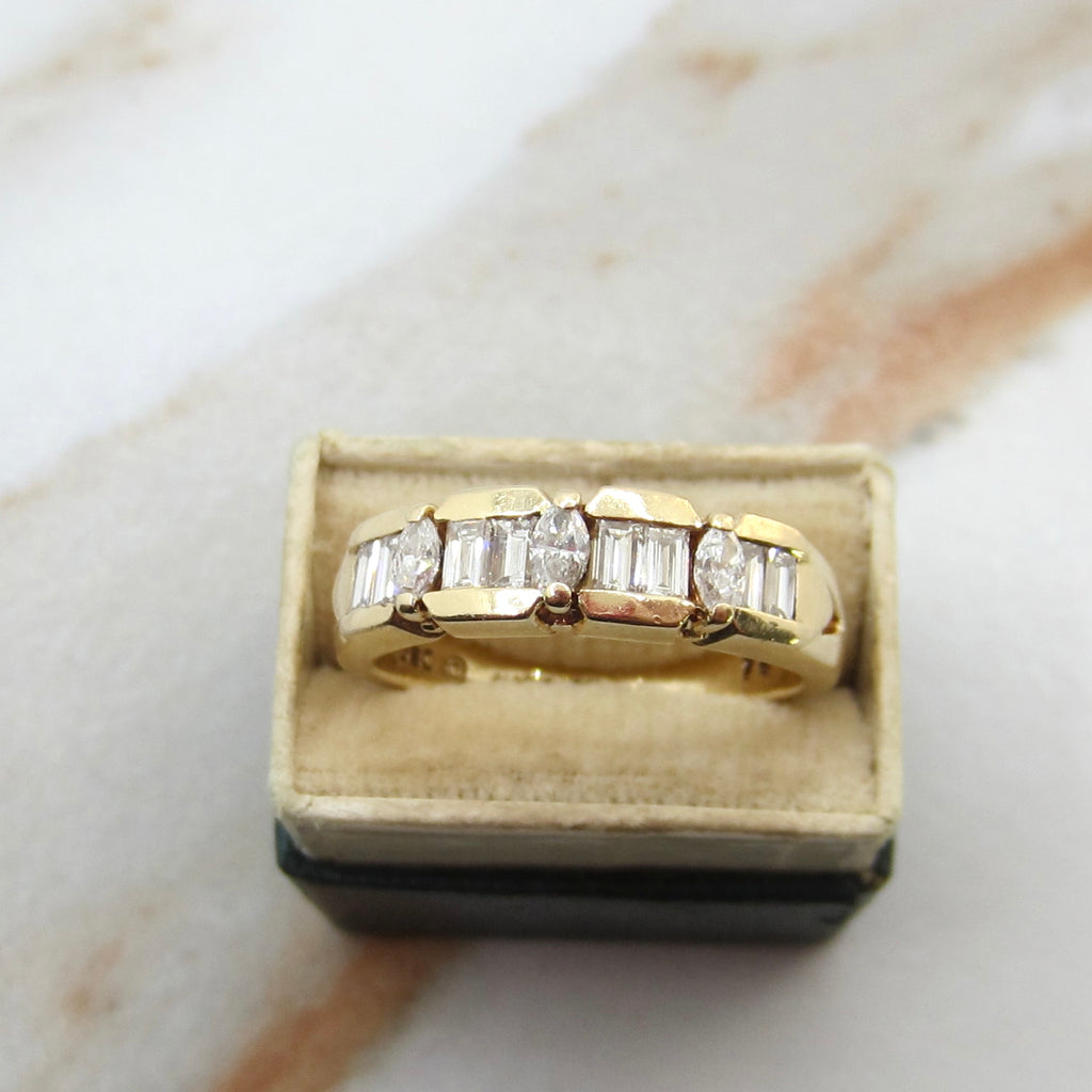 Vintage 14k Gold Natural Marquise and Baguette Diamond Band Ring c.1980s