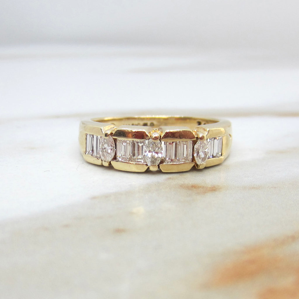 Vintage 14k Gold Natural Marquise and Baguette Diamond Band Ring c.1980s