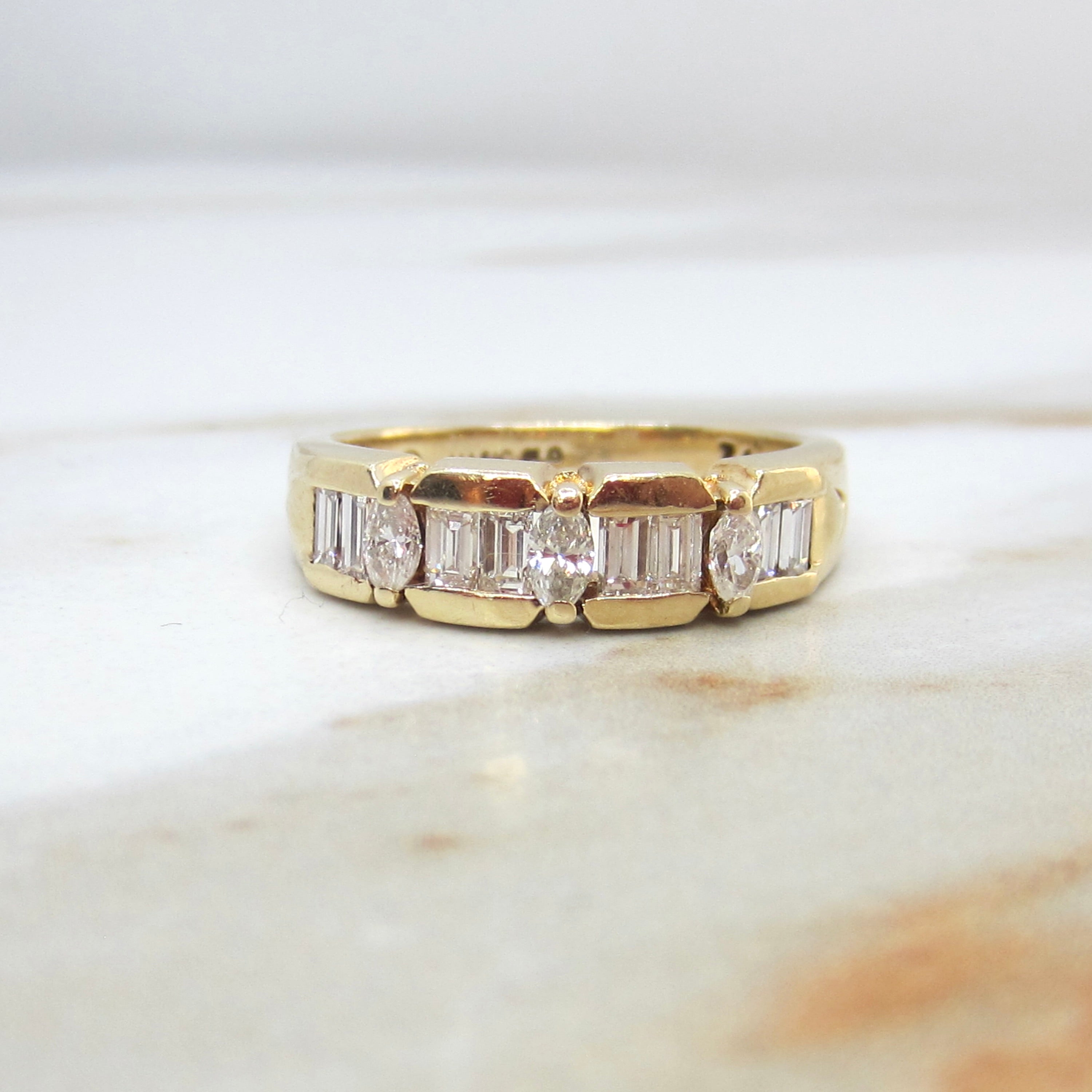 Vintage 14k Gold Natural Marquise and Baguette Diamond Band Ring c.1980s