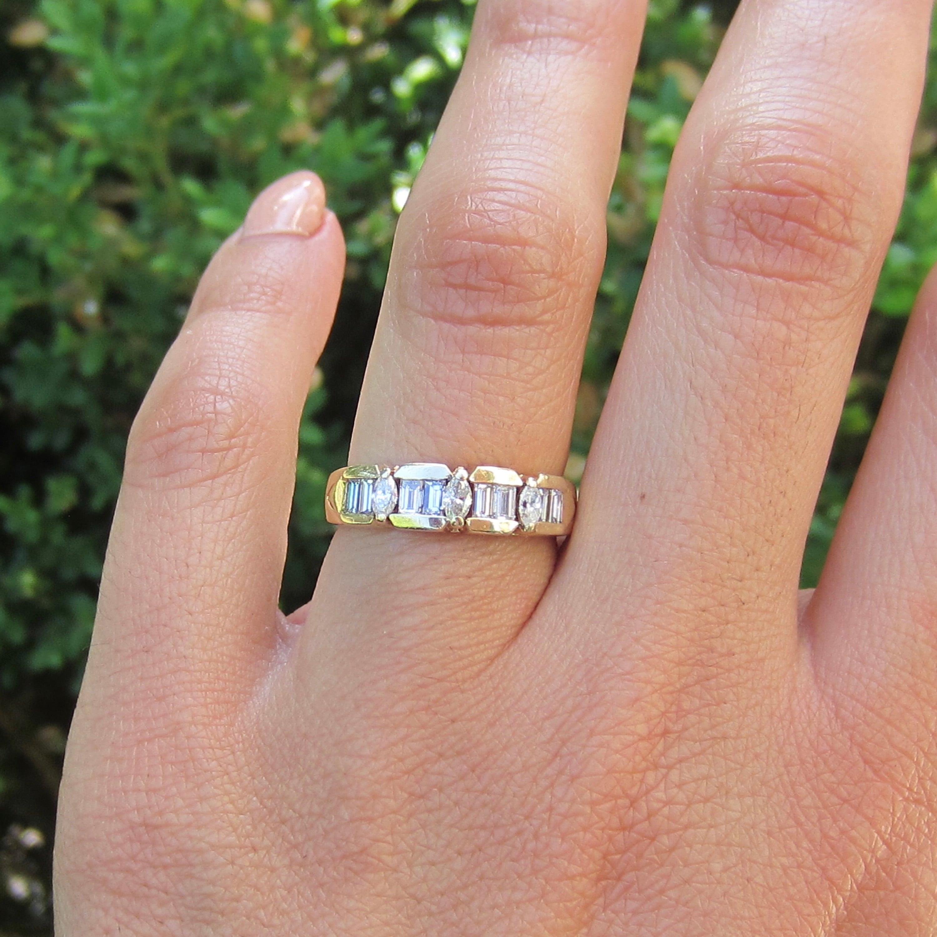 Vintage 14k Gold Natural Marquise and Baguette Diamond Band Ring c.1980s
