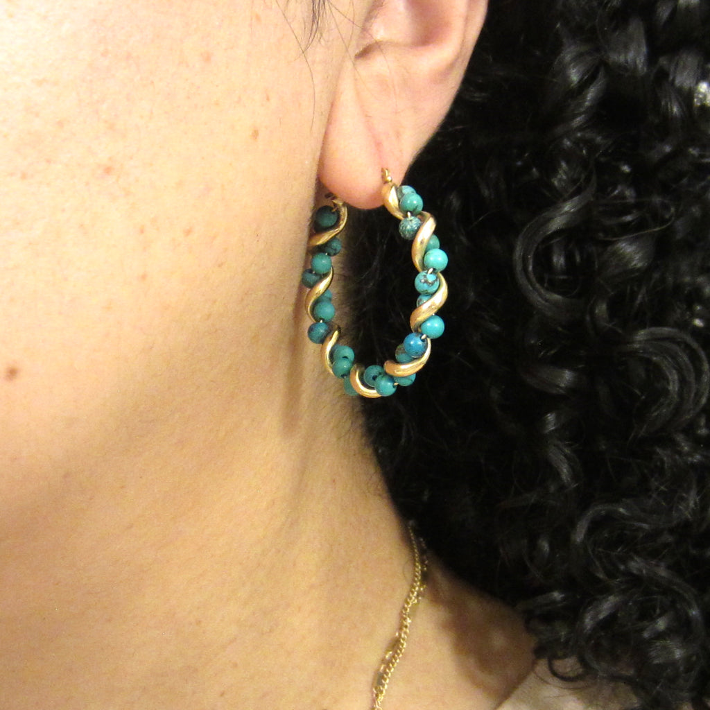 Vintage 14k Gold Turquoise Twist Hoop Earrings c.1980s