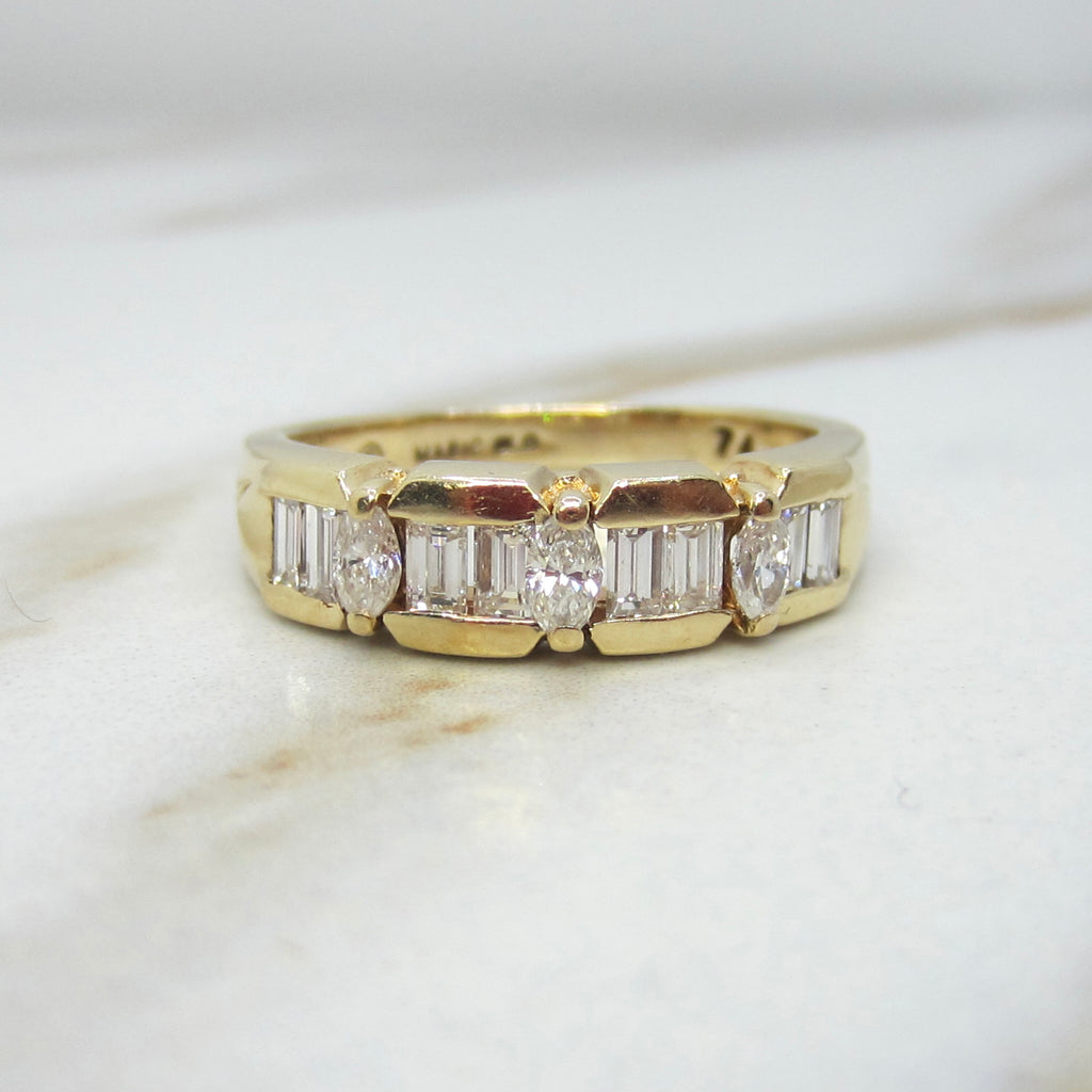 Vintage 14k Gold Natural Marquise and Baguette Diamond Band Ring c.1980s