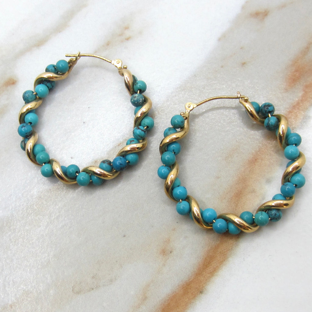 Vintage 14k Gold Turquoise Twist Hoop Earrings c.1980s