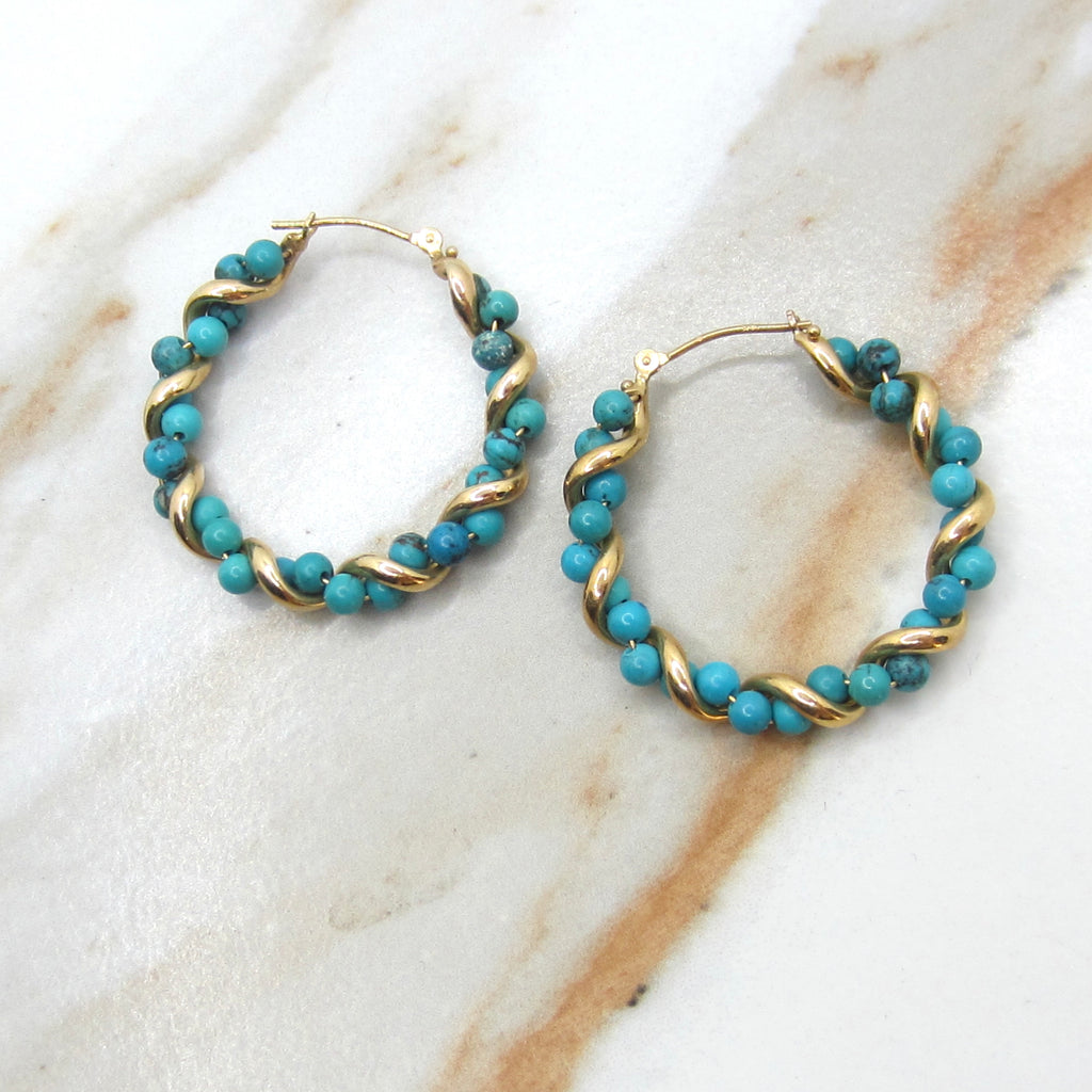 Vintage 14k Gold Turquoise Twist Hoop Earrings c.1980s