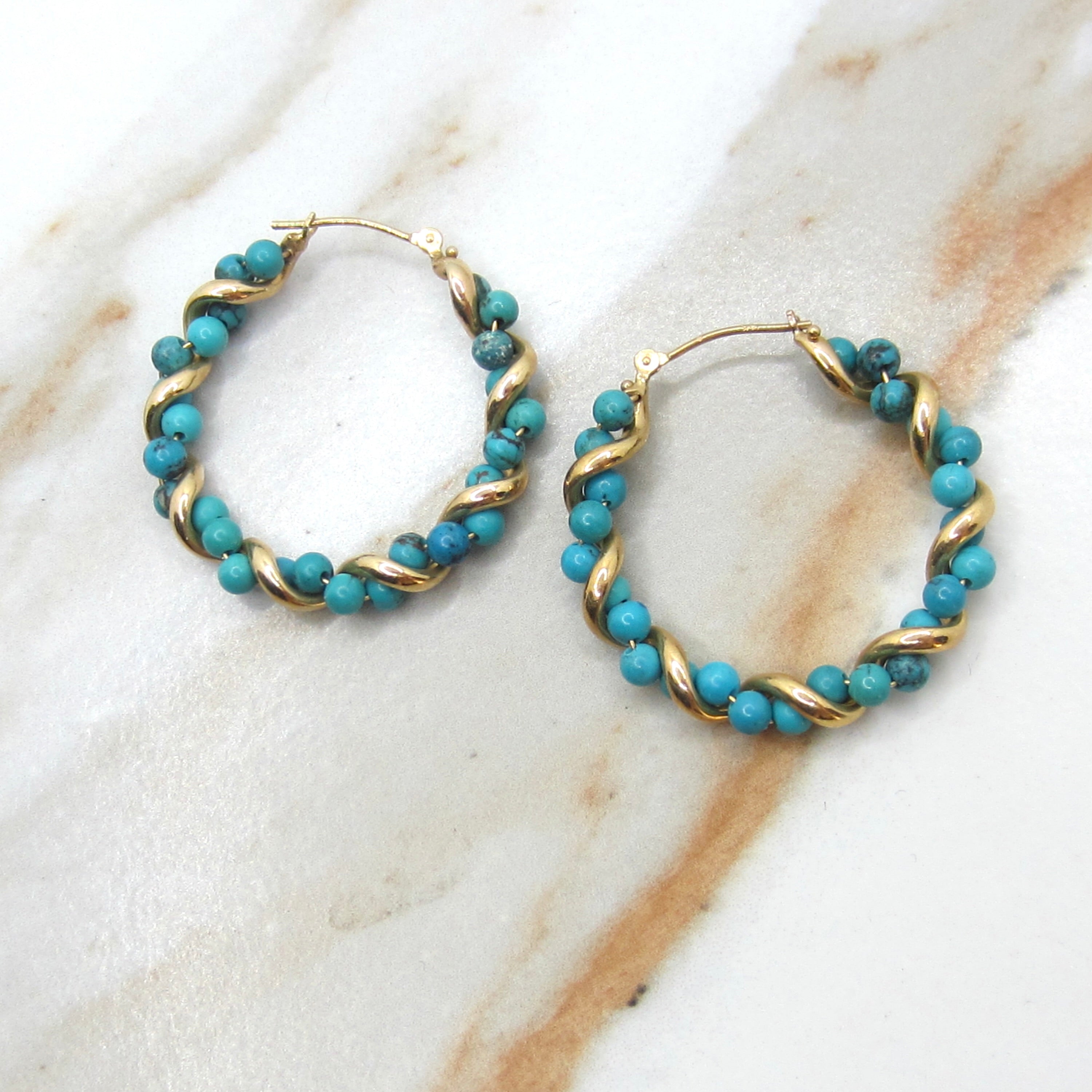 Vintage 14k Gold Turquoise Twist Hoop Earrings c.1980s