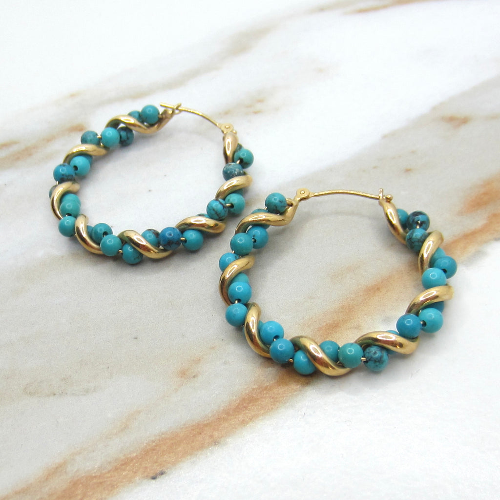 Vintage 14k Gold Turquoise Twist Hoop Earrings c.1980s