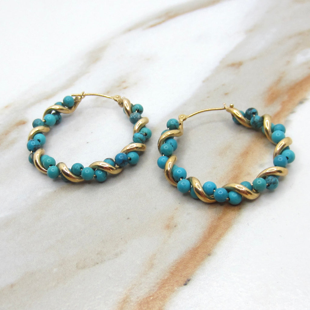 Vintage 14k Gold Turquoise Twist Hoop Earrings c.1980s