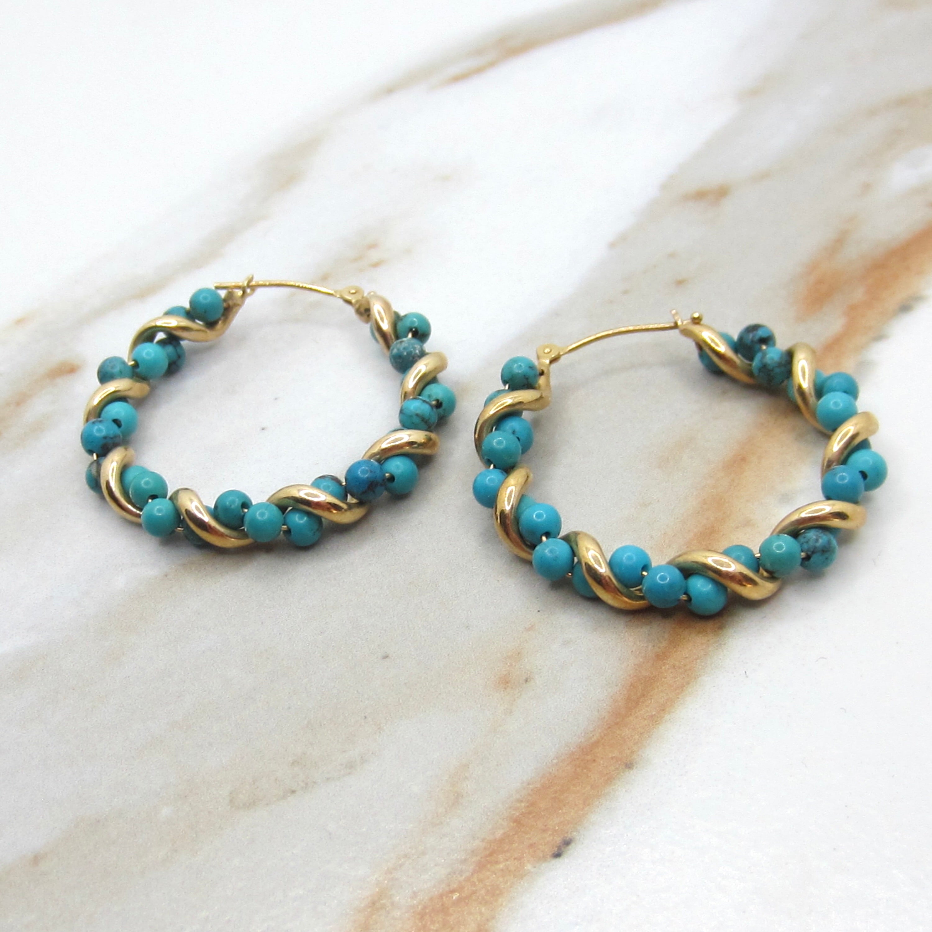 Vintage 14k Gold Turquoise Twist Hoop Earrings c.1980s