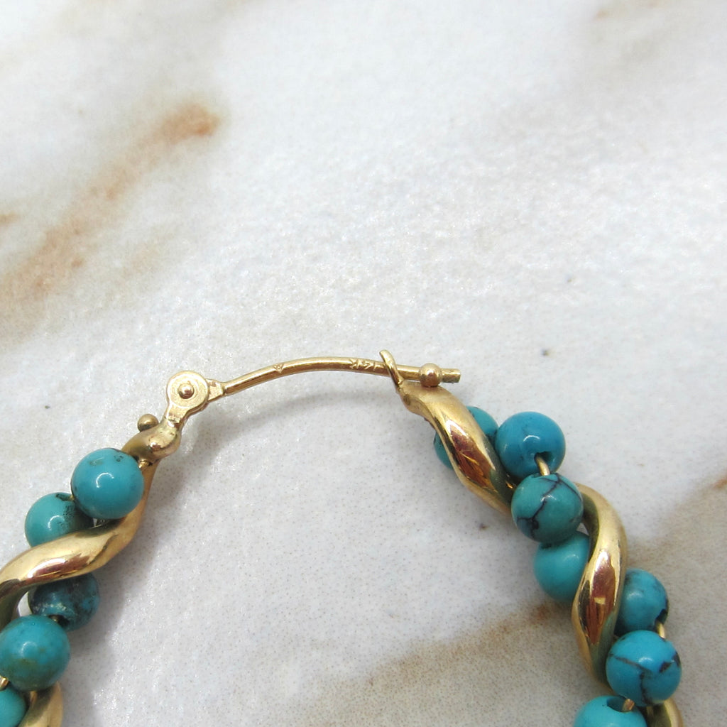 Vintage 14k Gold Turquoise Twist Hoop Earrings c.1980s