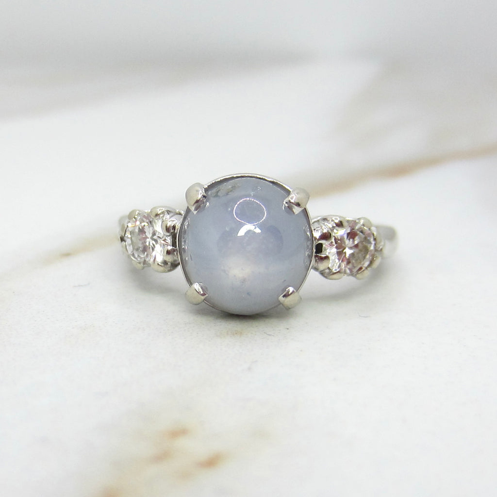 Vintage 14k White Gold Star Sapphire and Diamond Ring c.1950s