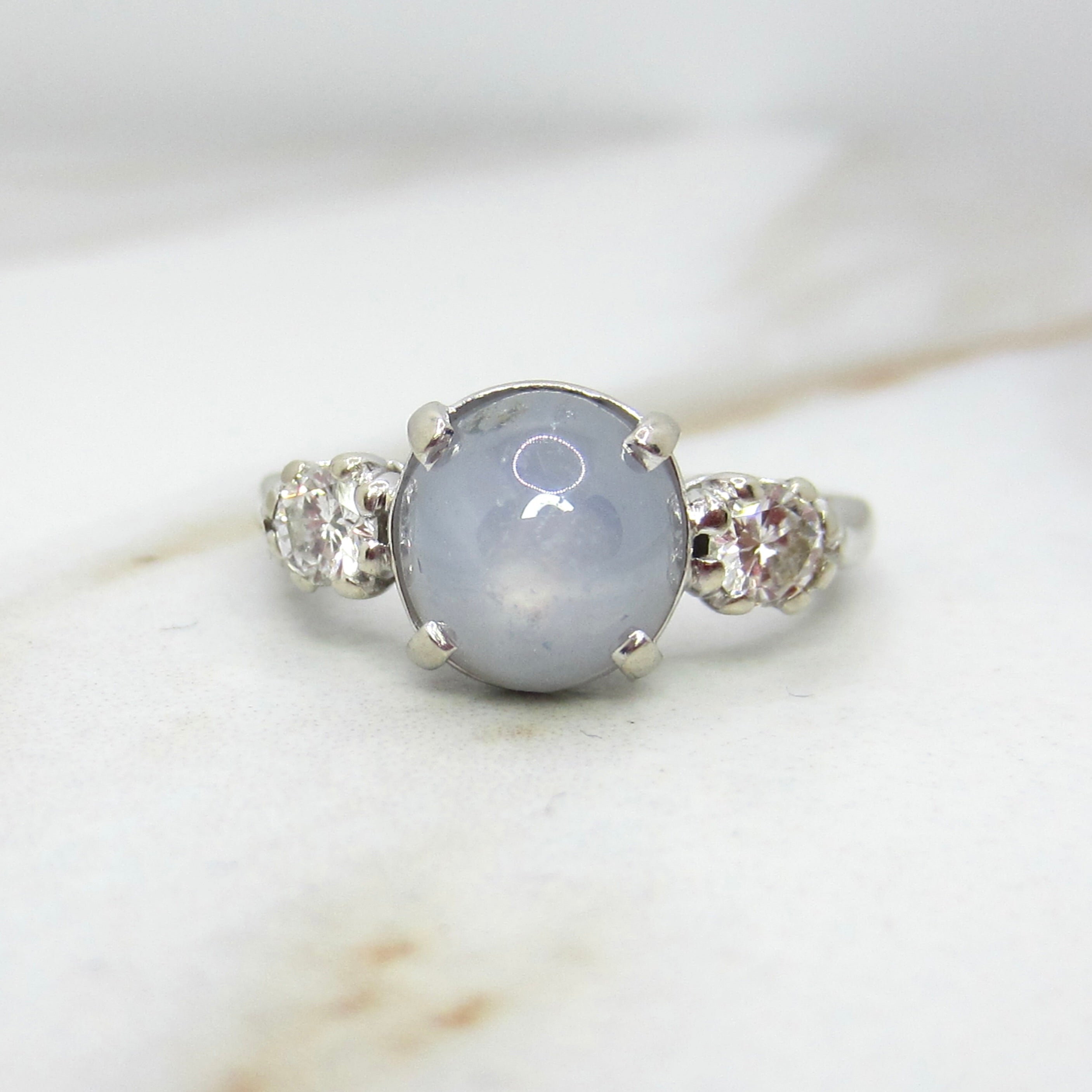 Vintage 14k White Gold Star Sapphire and Diamond Ring c.1950s
